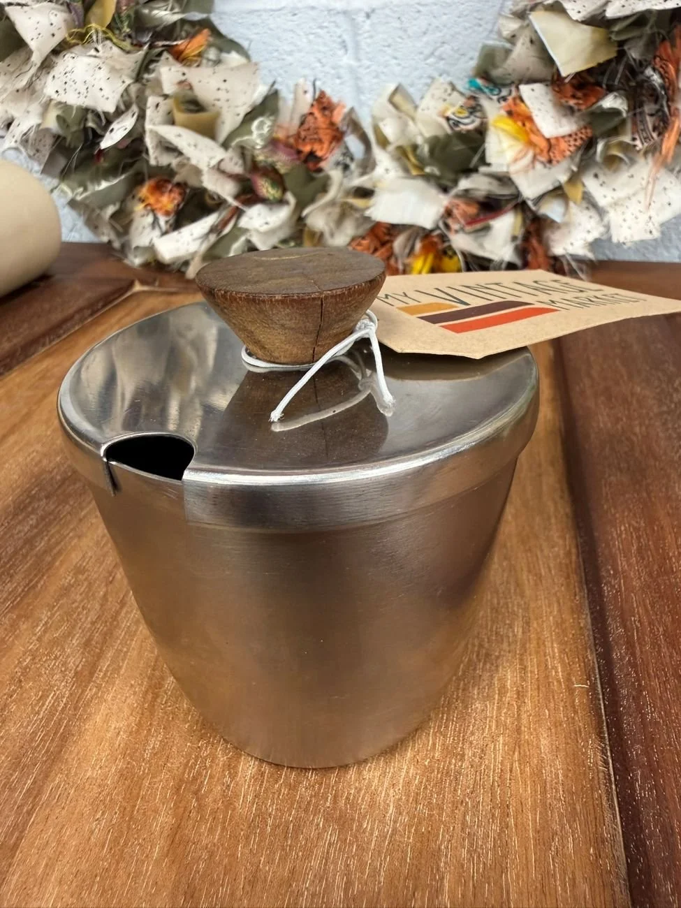Mid century vintage Danish sugar bowl stainless steel with teak handle