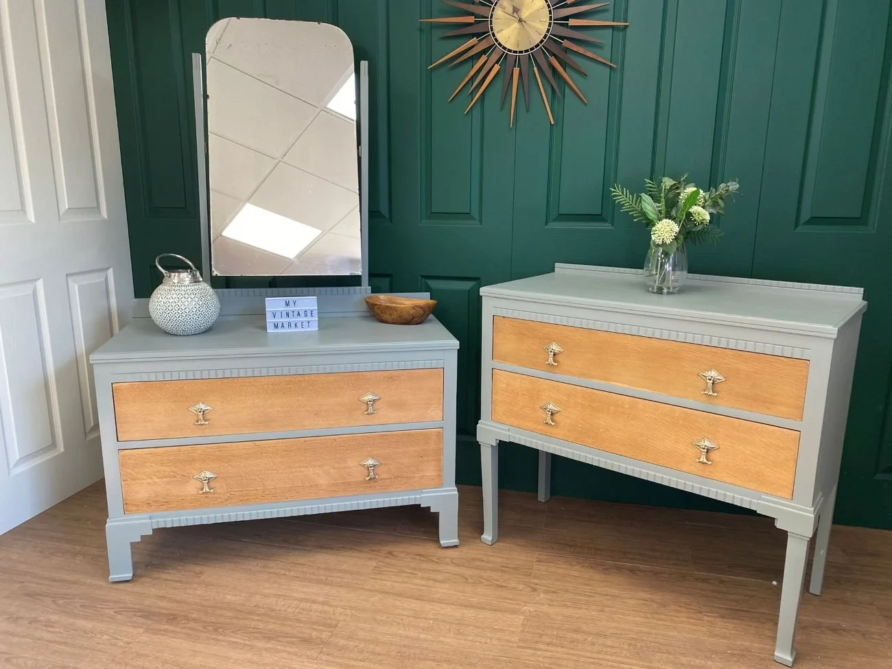 Refurbished antique 1940s dressing table oak sage green gold