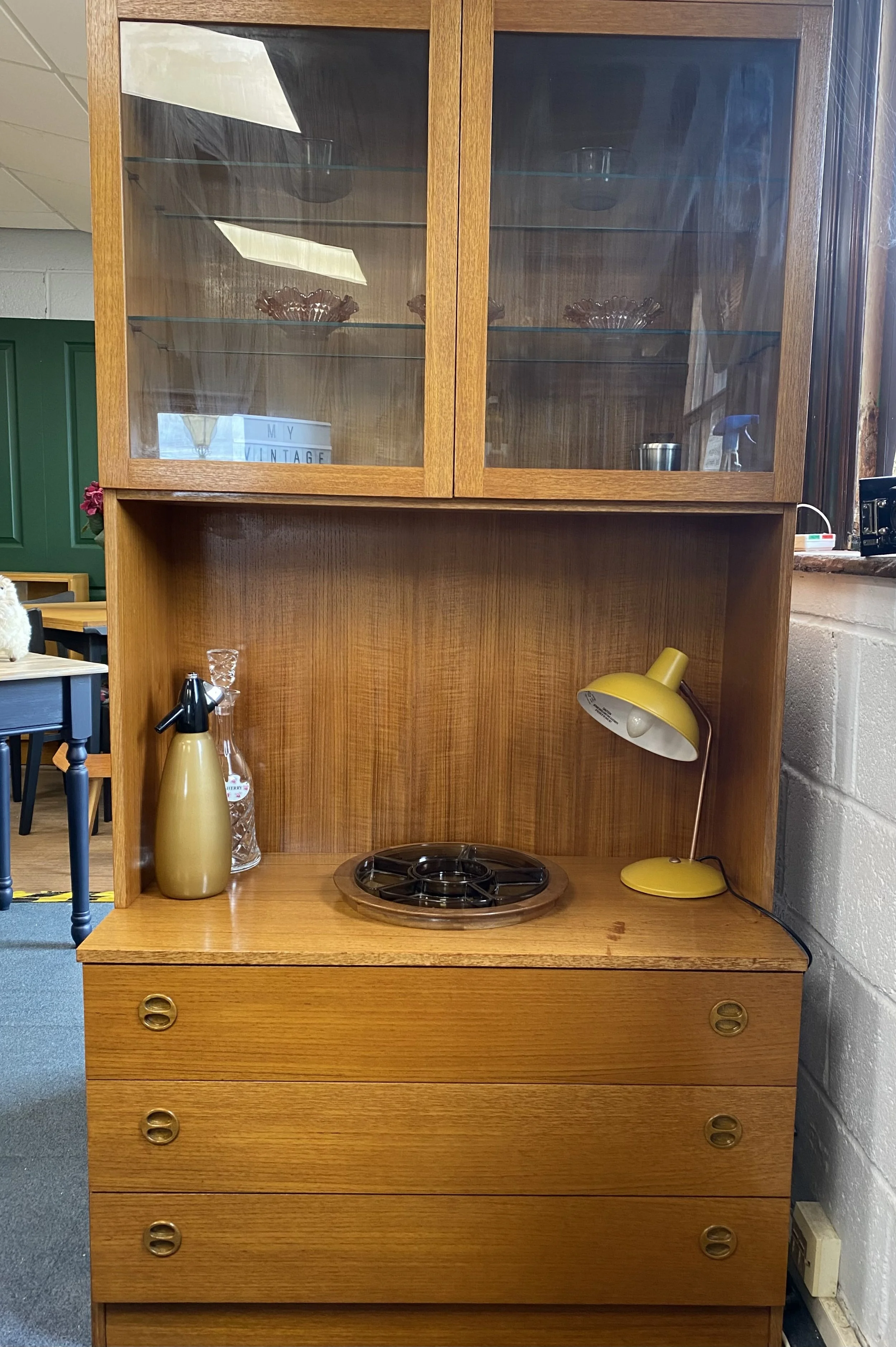 Mid century teak German Mobel glazed wall cabinet