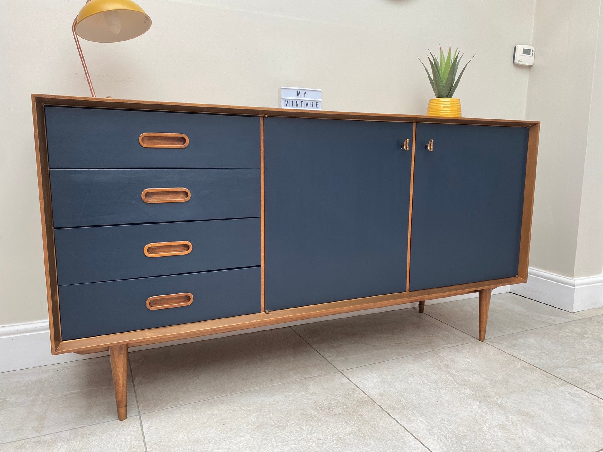 vintage retro mid century 1960s Danish style Berner Huwil sideboard refurbished navy blue copper teak