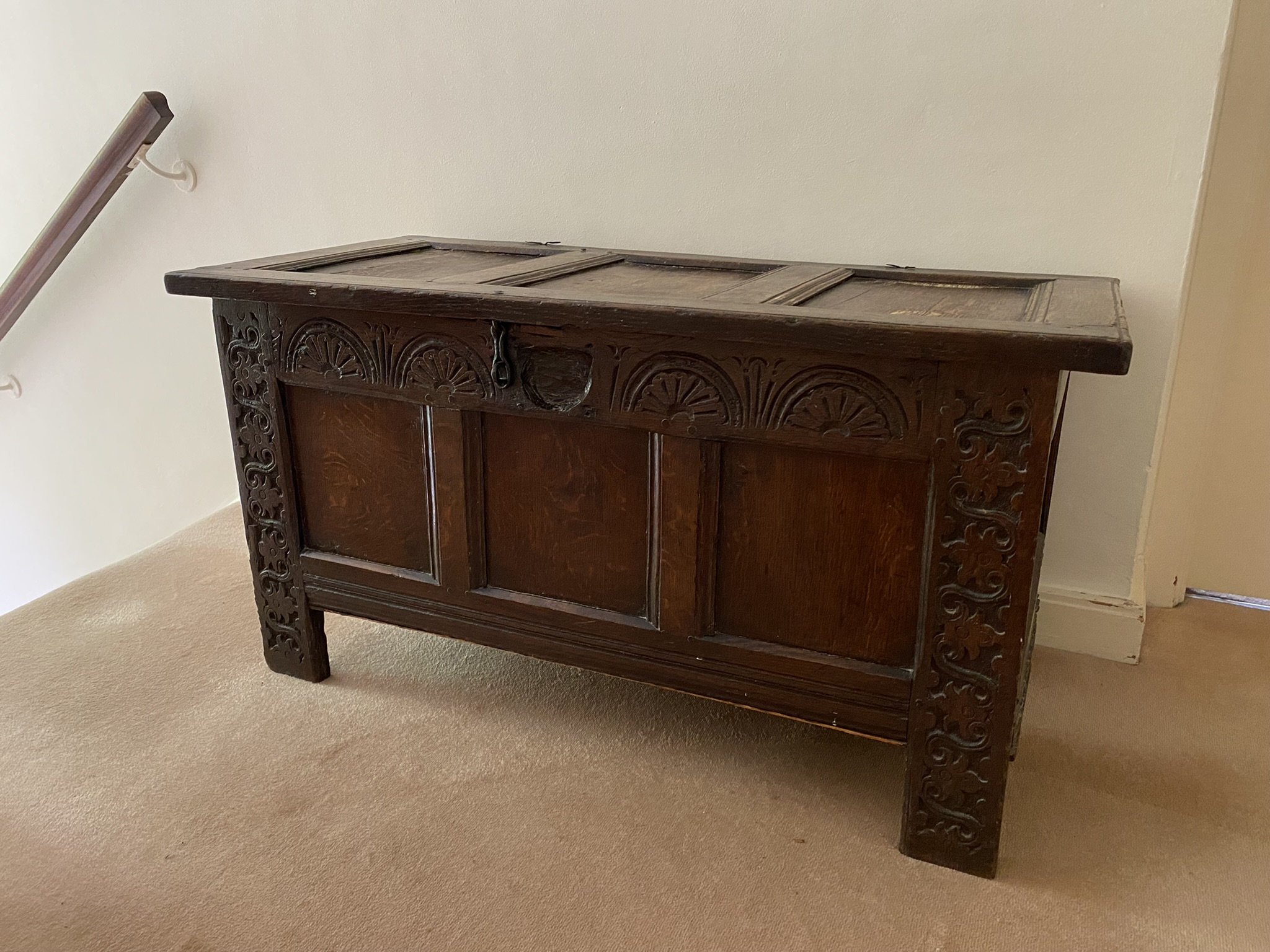 antique Georgian Victorian 1700s oak coffer ottoman blanket box storage trunk carved lift up lid