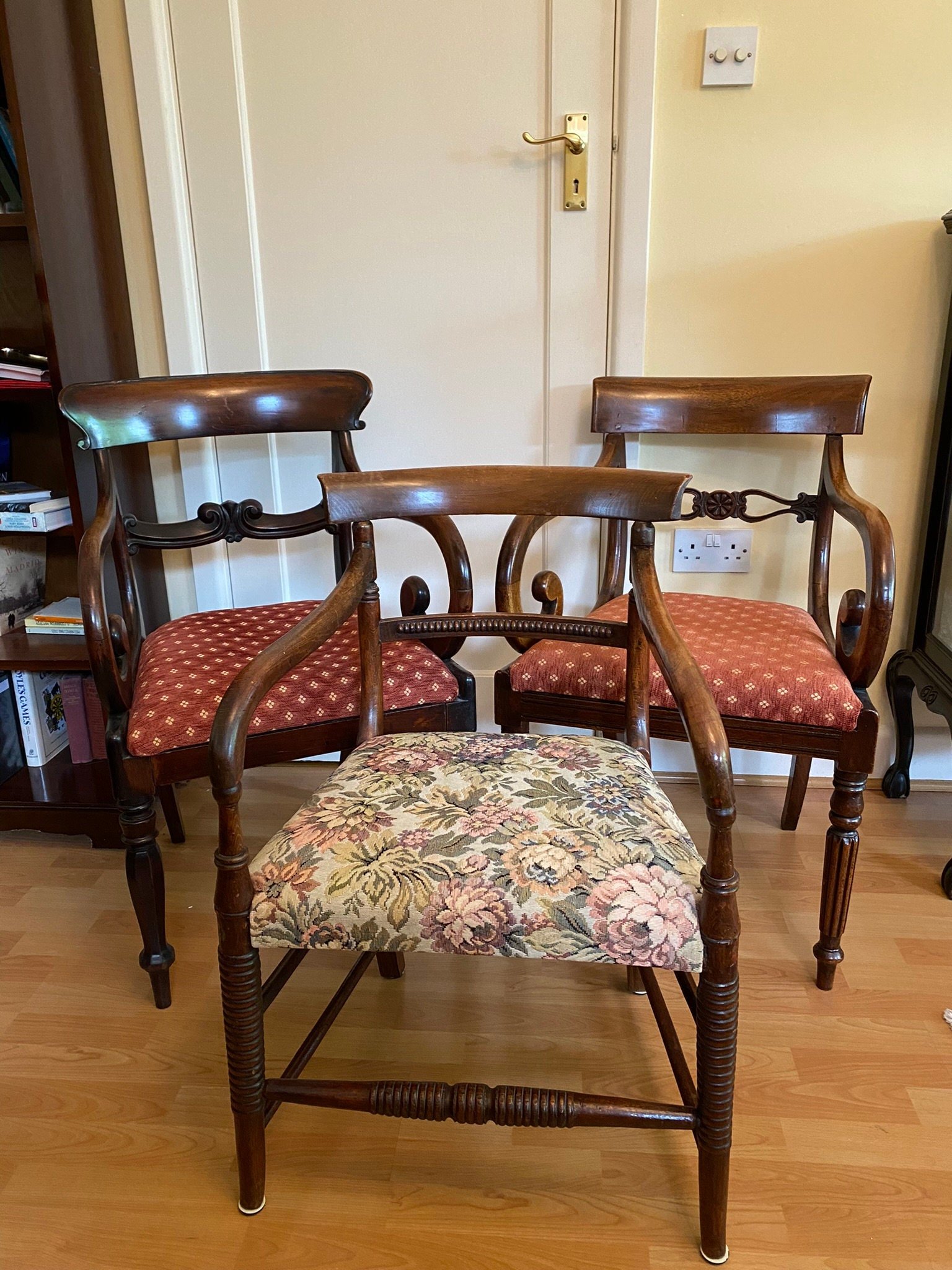 Antique Victorian mahogany dining carver chairs upholstered