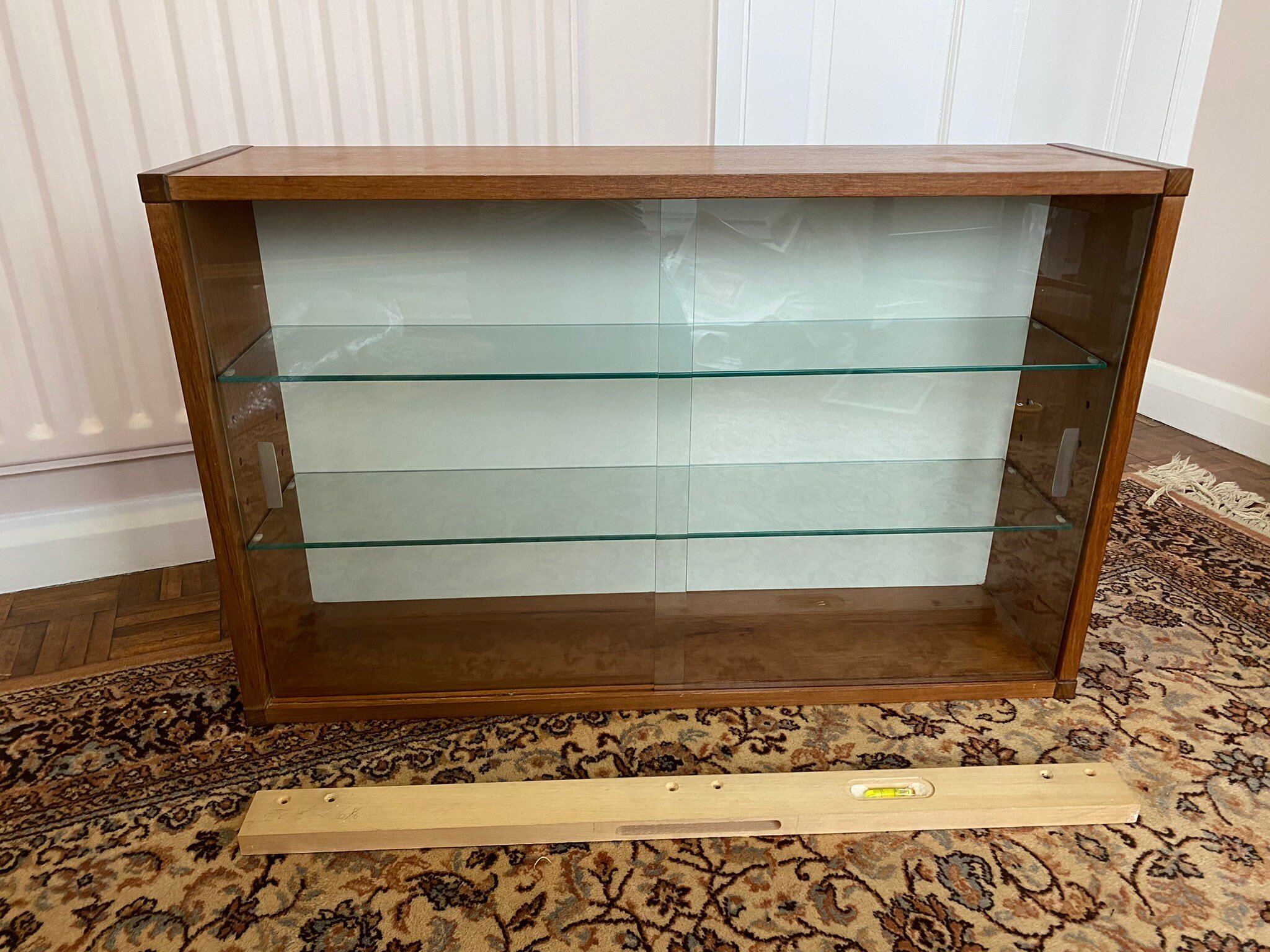 mid century retro vintage Danish style teak Beaver and Tapley floating wall glass unit shelves bookcase sliding glass doors
