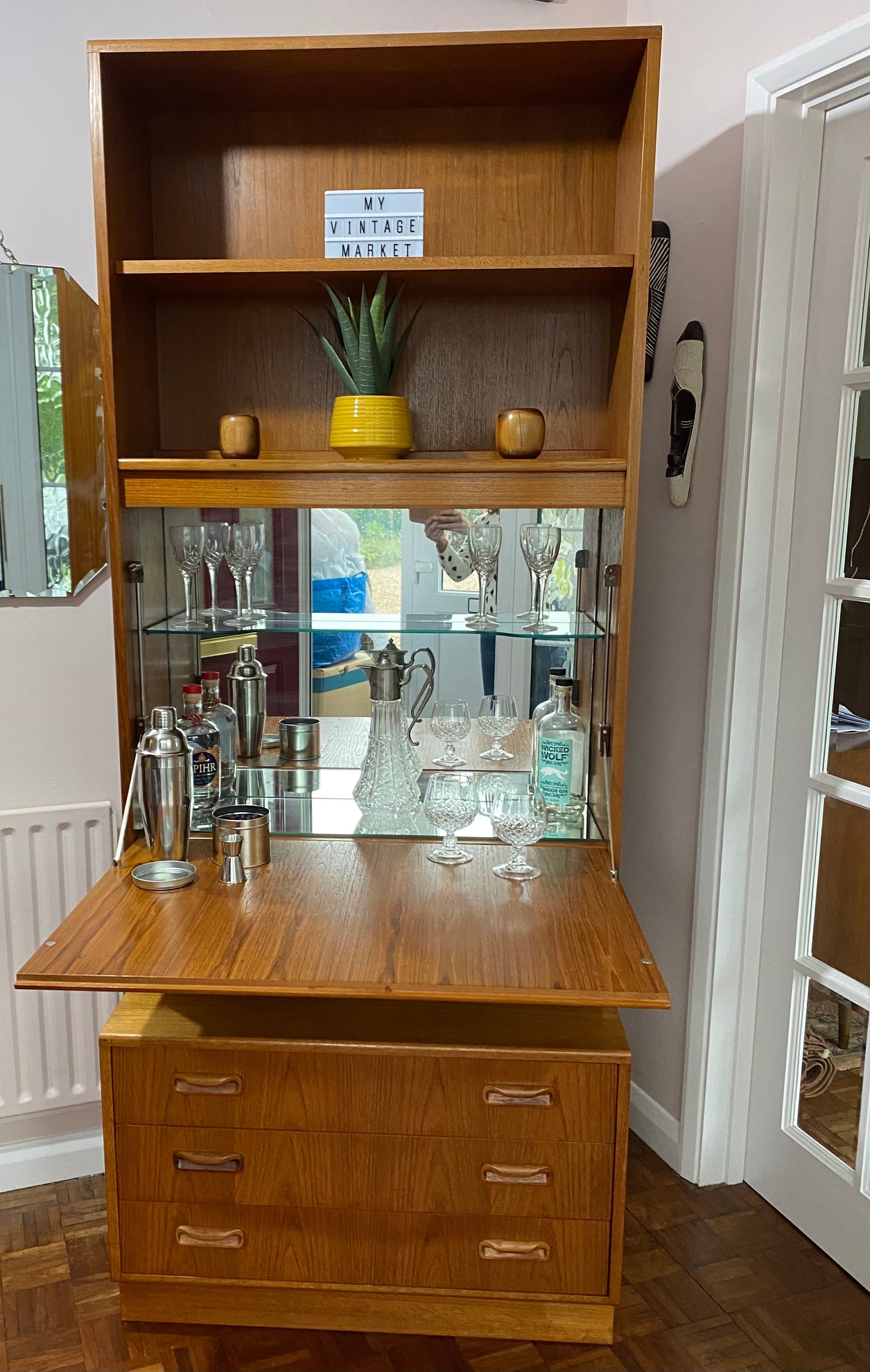 vintage retro Danish style mid century 1960s teak GPlan egomme fresco drinks cocktail cabinet wall unit drop down desk