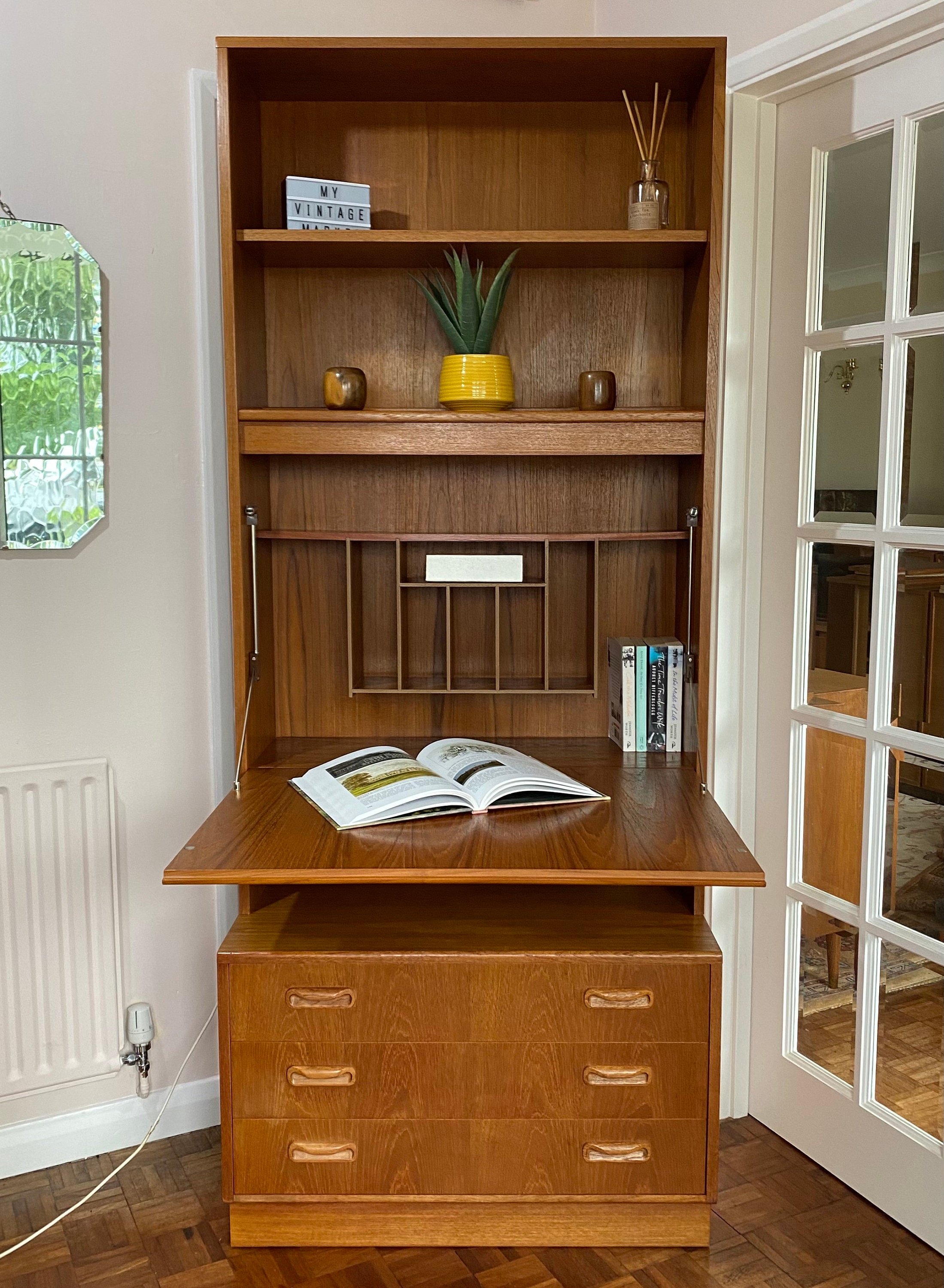 vintage retro Danish style teak mid century 1960s GPlan fresco egomme bureau writing table desk bookcase book shelves wall unit cabinet drop down desk