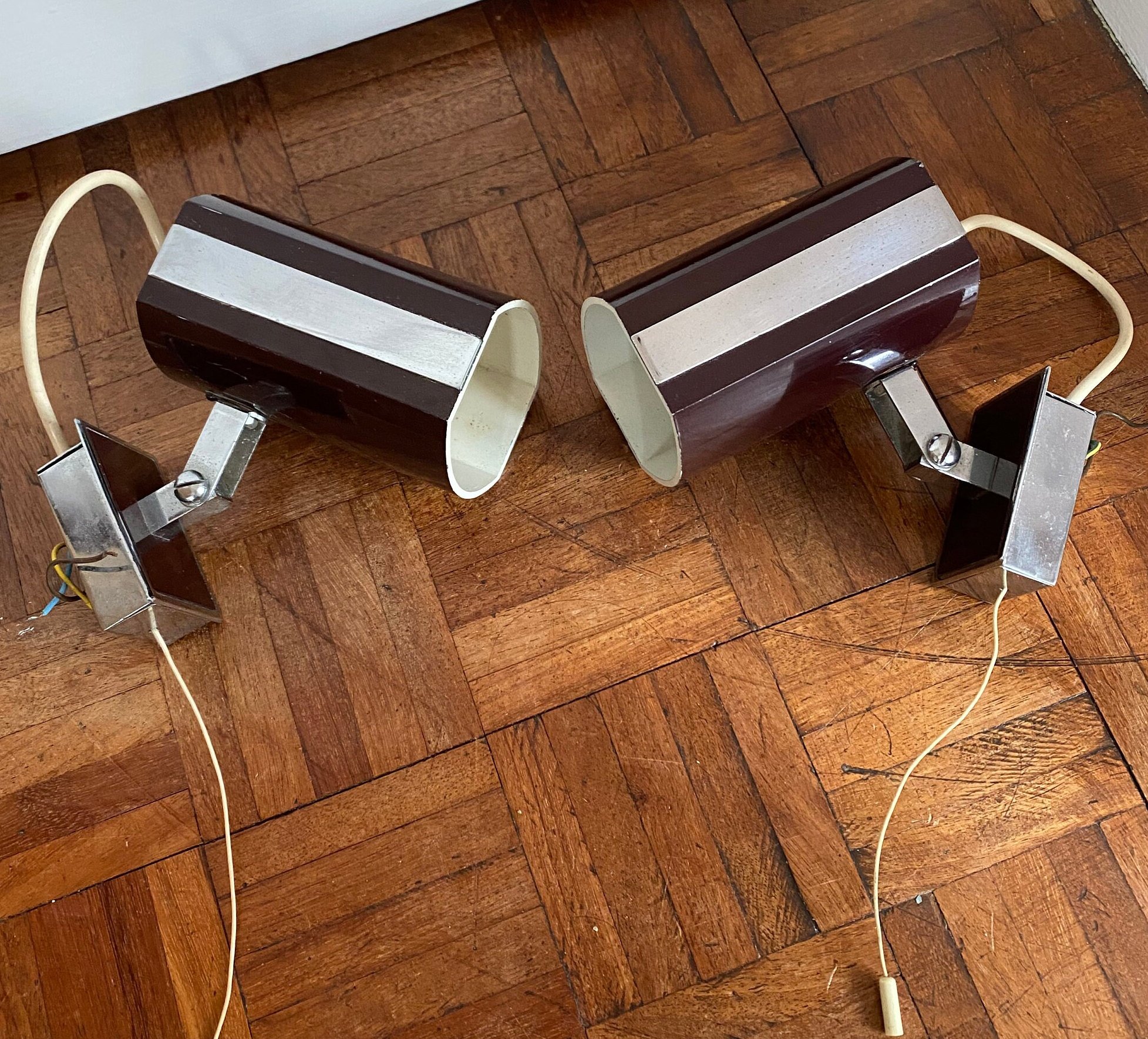 vintage retro mid century 1970s brown ceramic and chrome metal tilting bedside wall light sconce