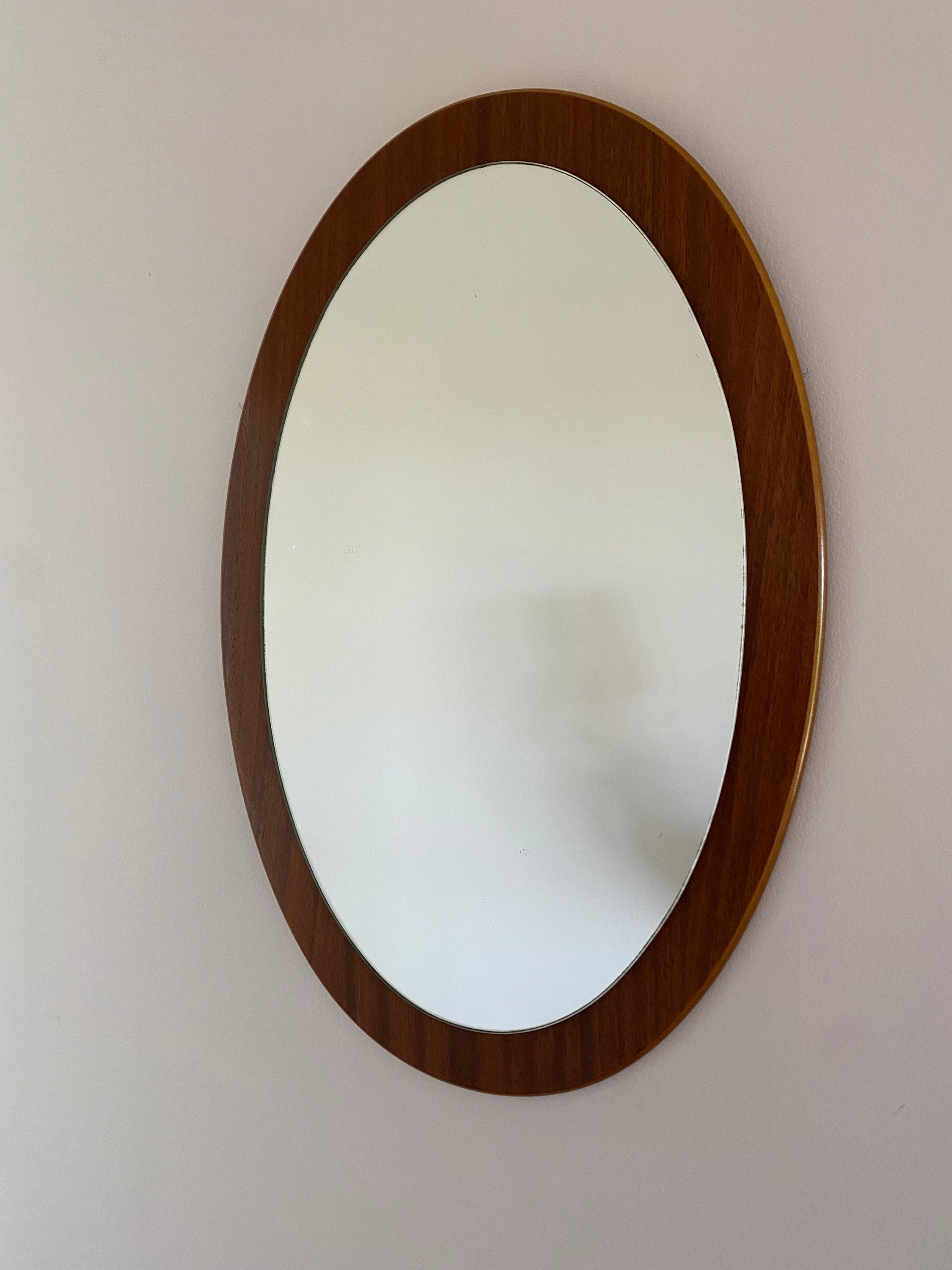 mid century vintage retro 1960s Danish style oval wall mirror teak