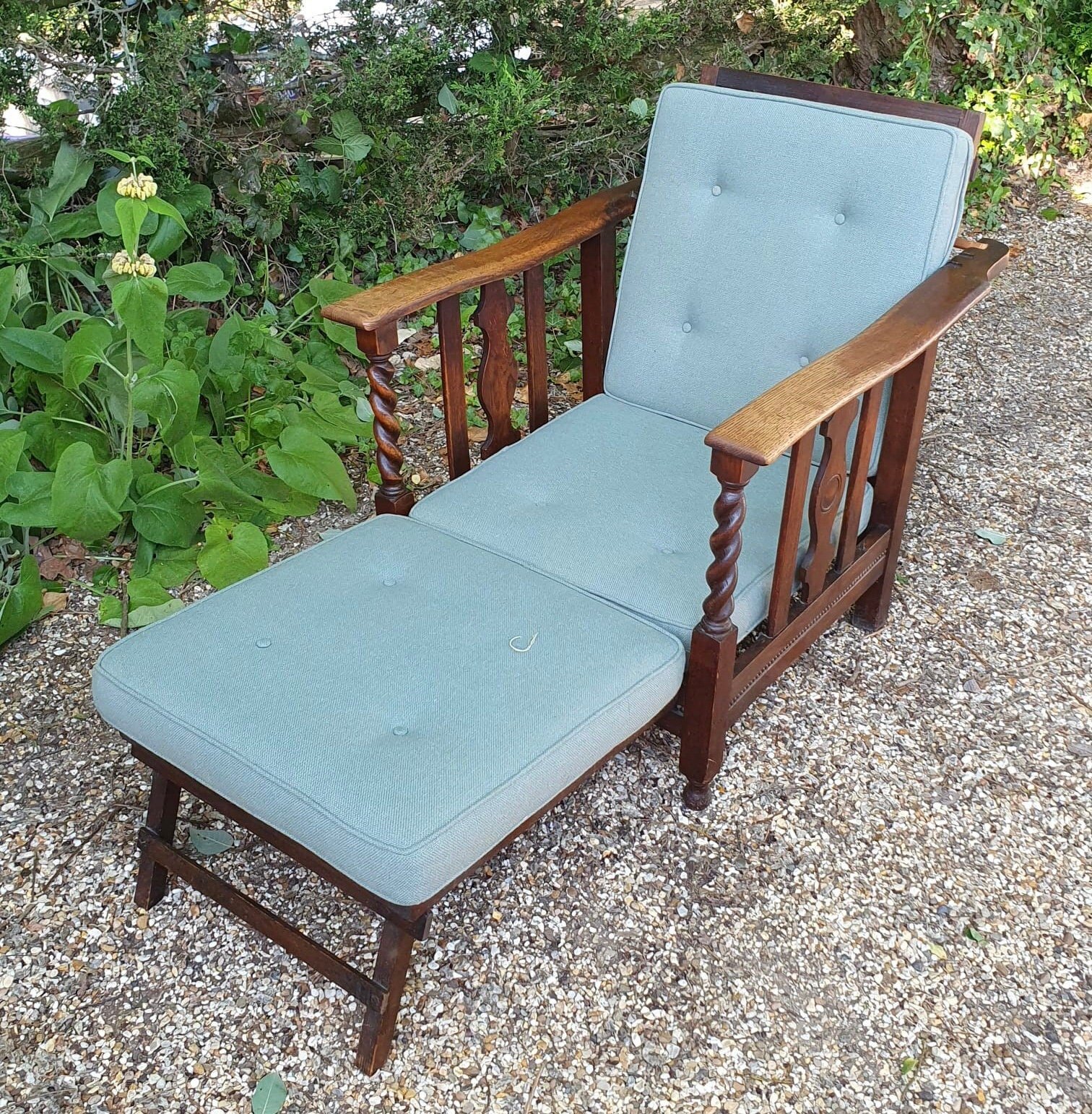 antique Victorian Edwardian oak reclining morris chair armchair oak framed footstool bed