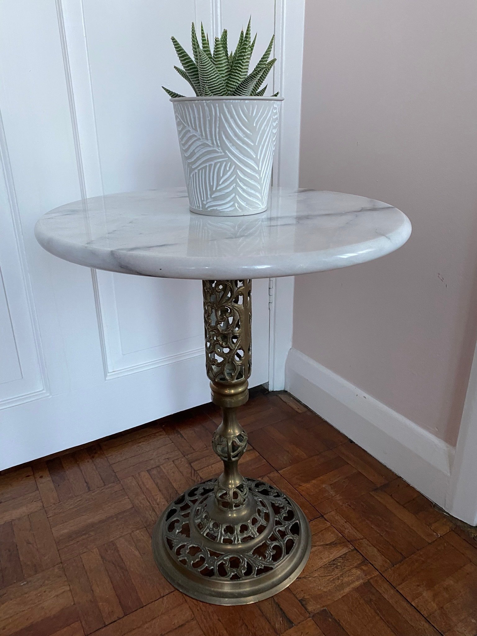 Vintage mid century marble and pierced brass circular side table