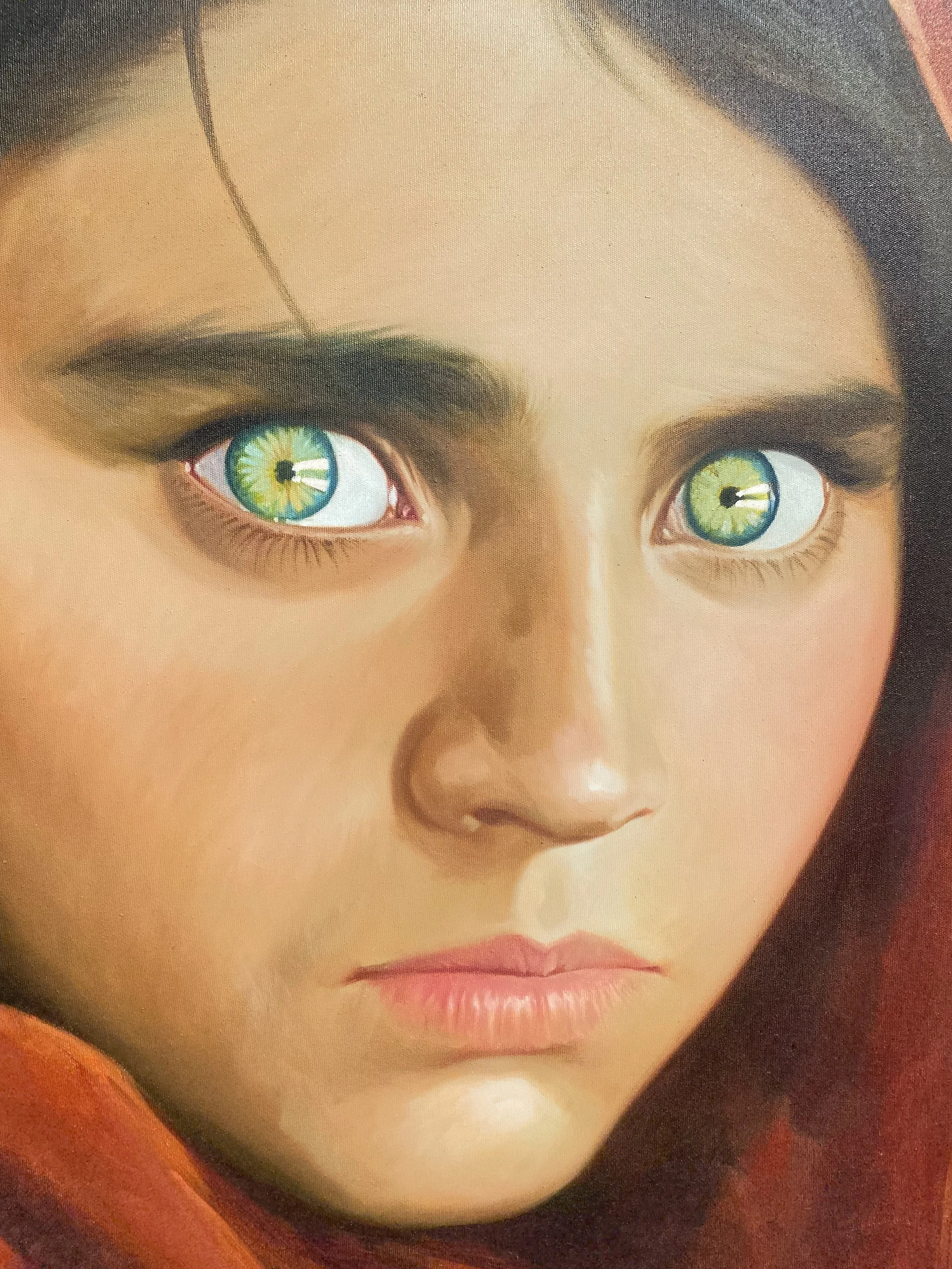 Large Thai Original Oil Painting, Afghan Child Copy, Eyes, 35" x 46"