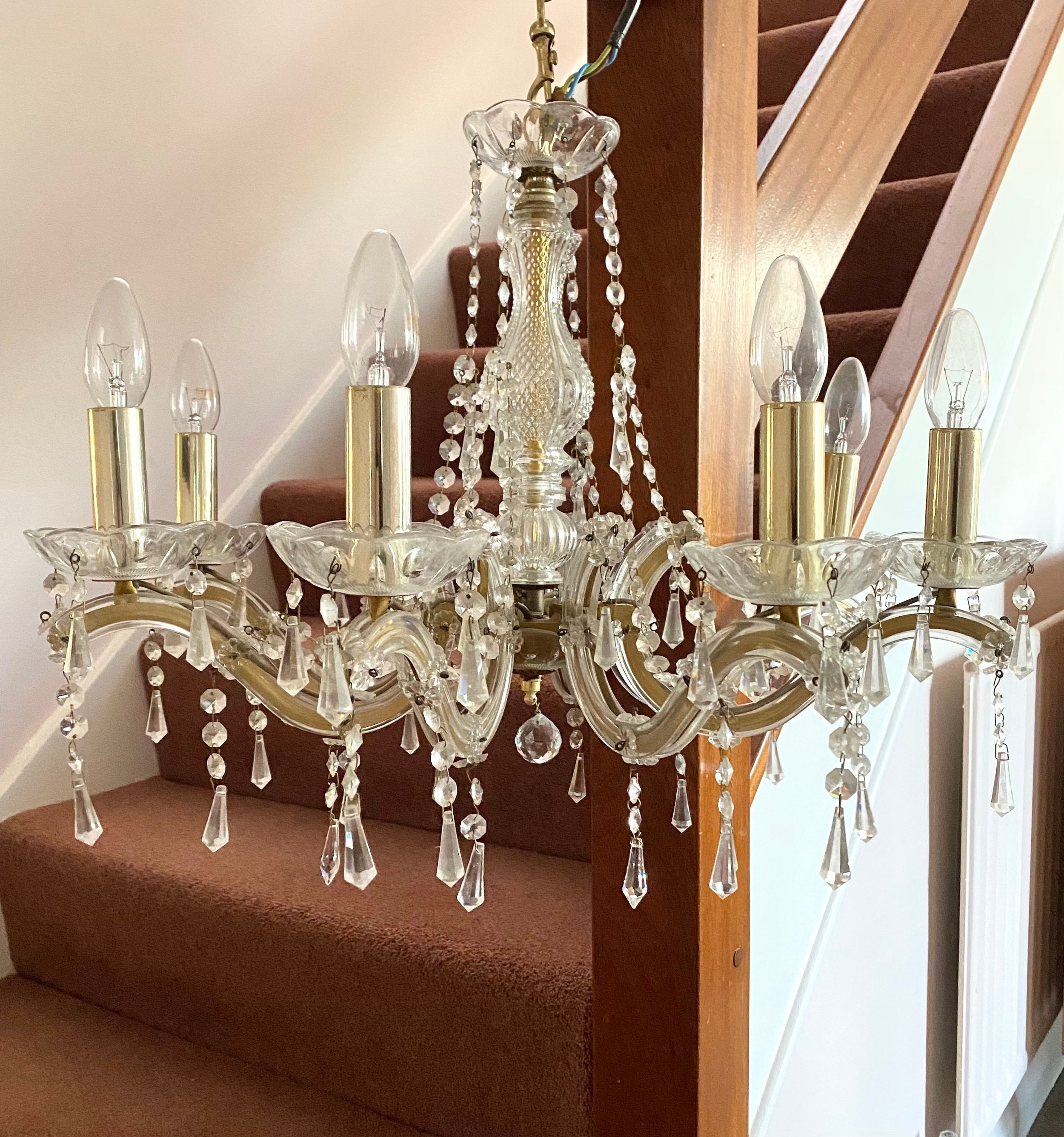 Stunning vintage Italian glass and brass seven arm chandelier