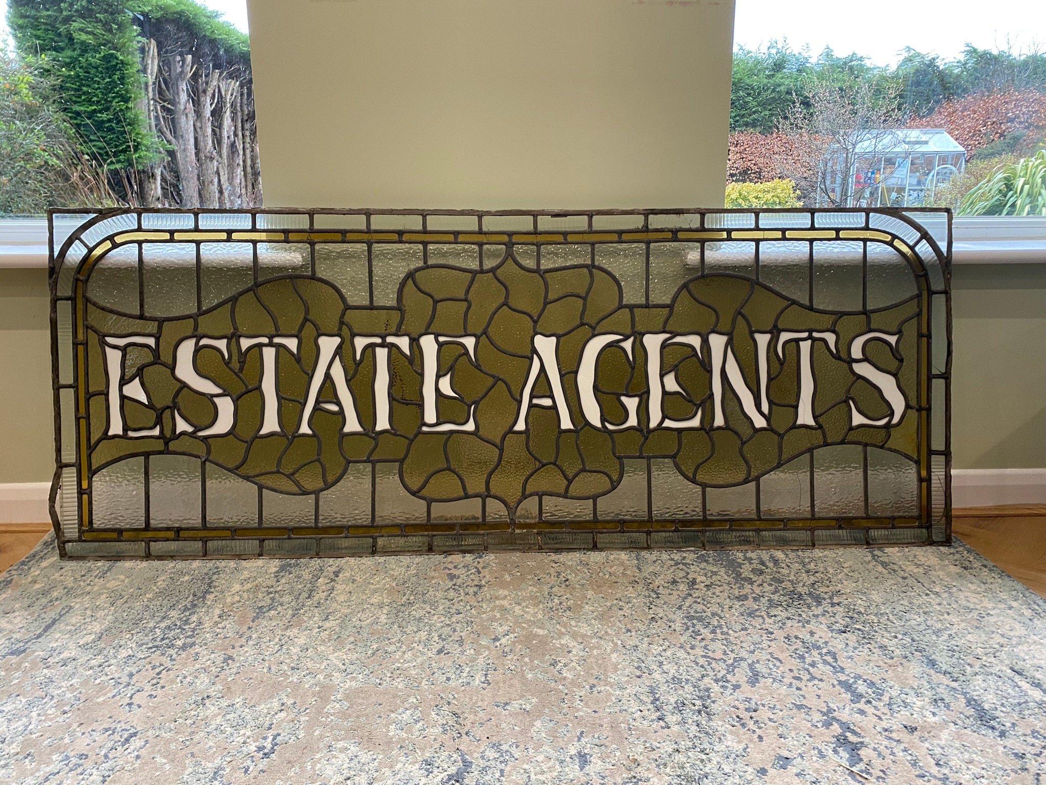 Rare original antique 1930s Art Deco leaded stained glass window sign, estate agent, salvaged, white opaque, amber and reeded glass