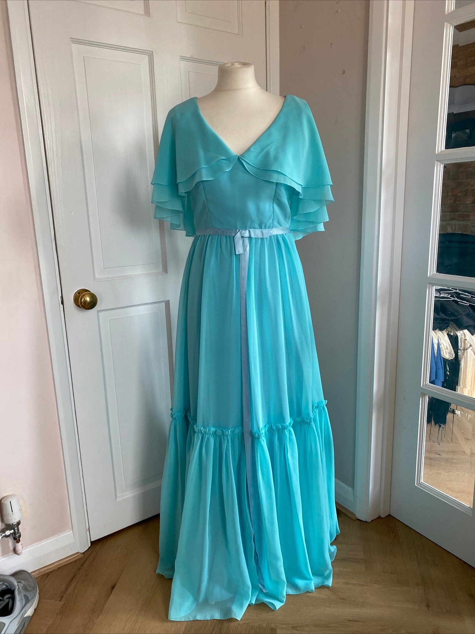 Original 1970s Vintage Peter Ellis Ruffle Dress Size 12 Turquoise