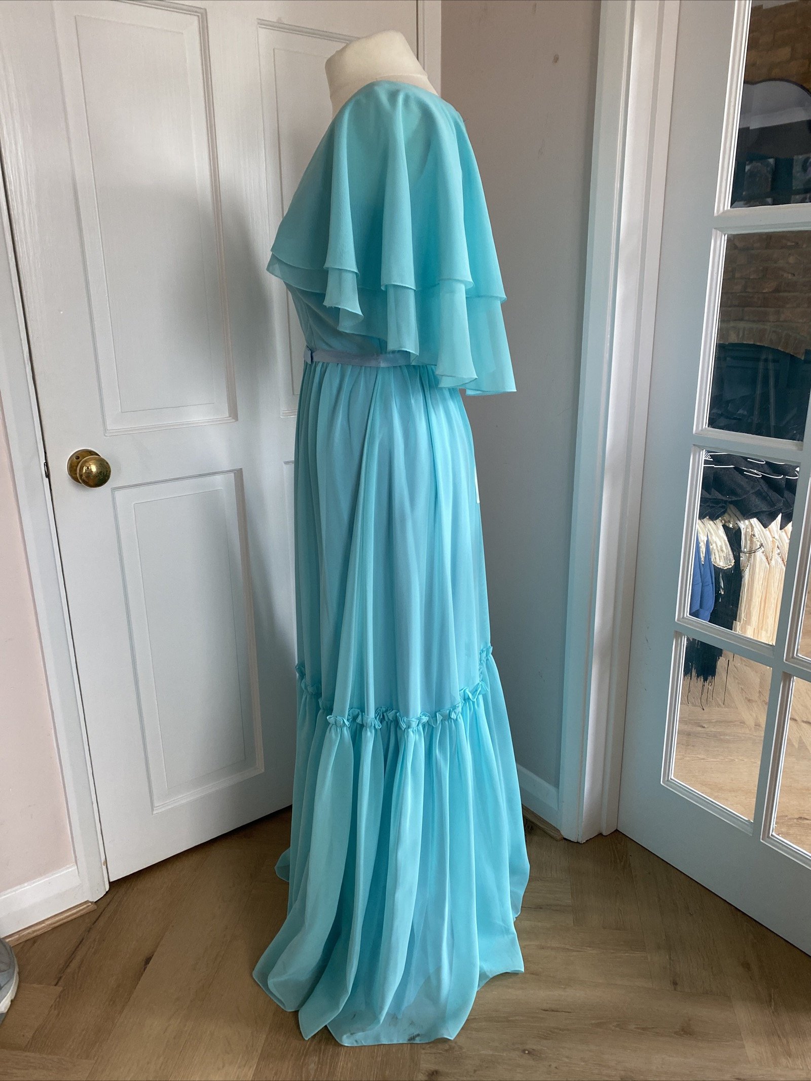 Original 1970s Vintage Peter Ellis Ruffle Dress Size 12 Turquoise