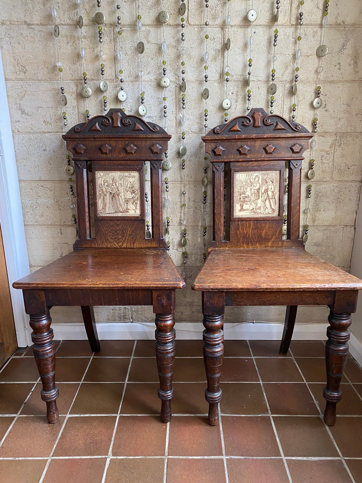 Two antique Victorian Minton tile back occasional hall chairs oak