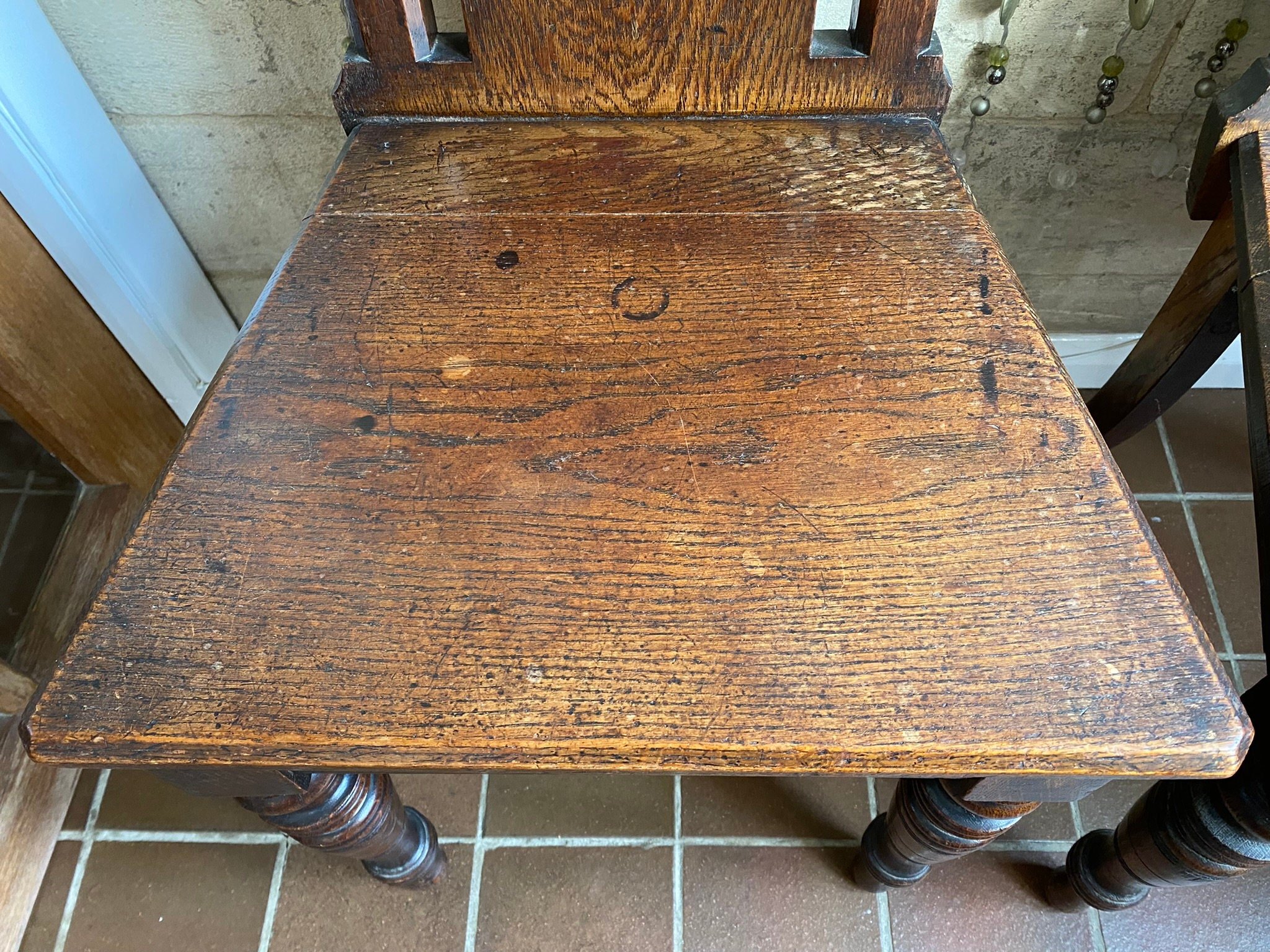 Two antique Victorian Minton tile back occasional hall chairs oak