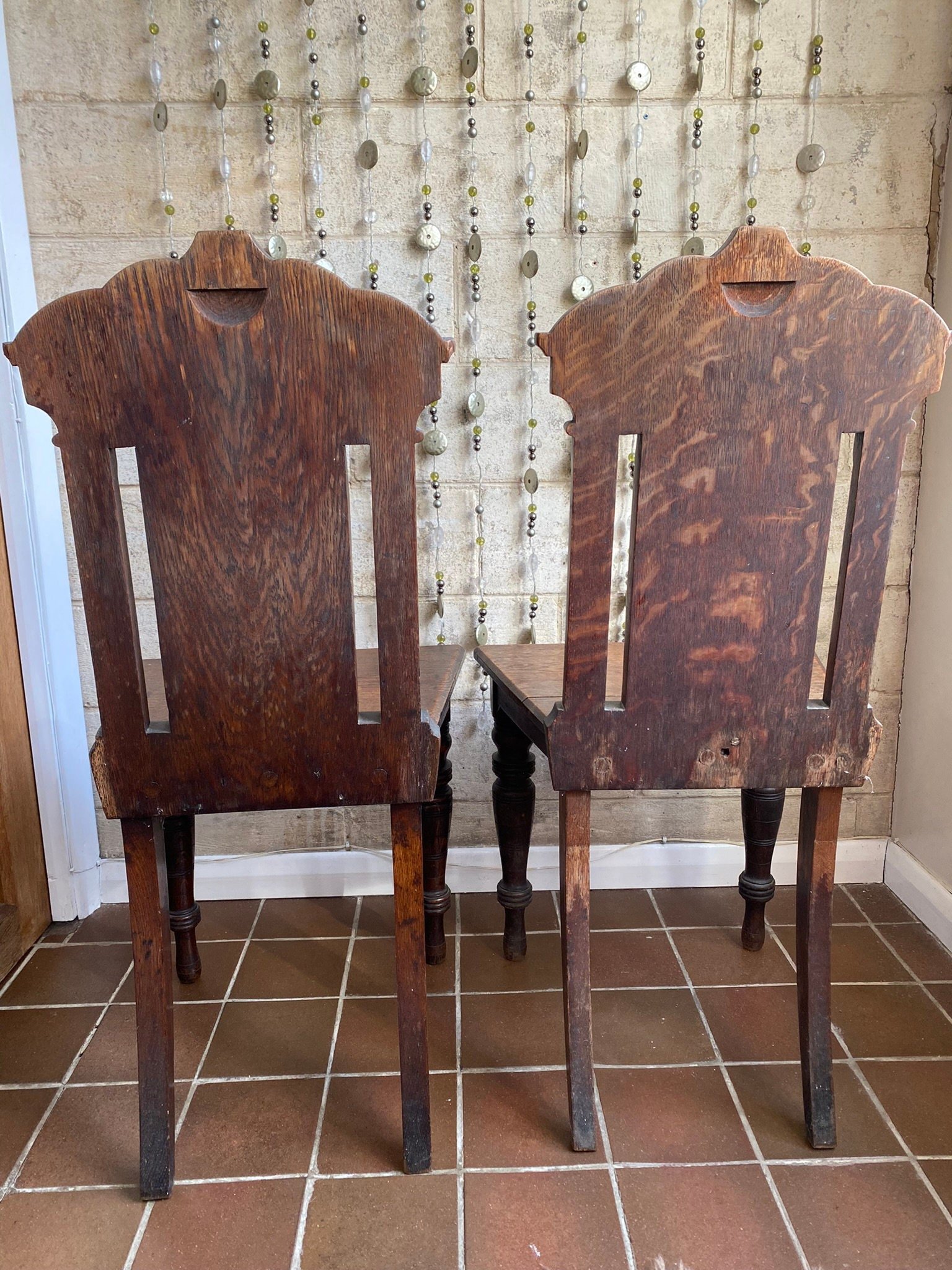 Two antique Victorian Minton tile back occasional hall chairs oak