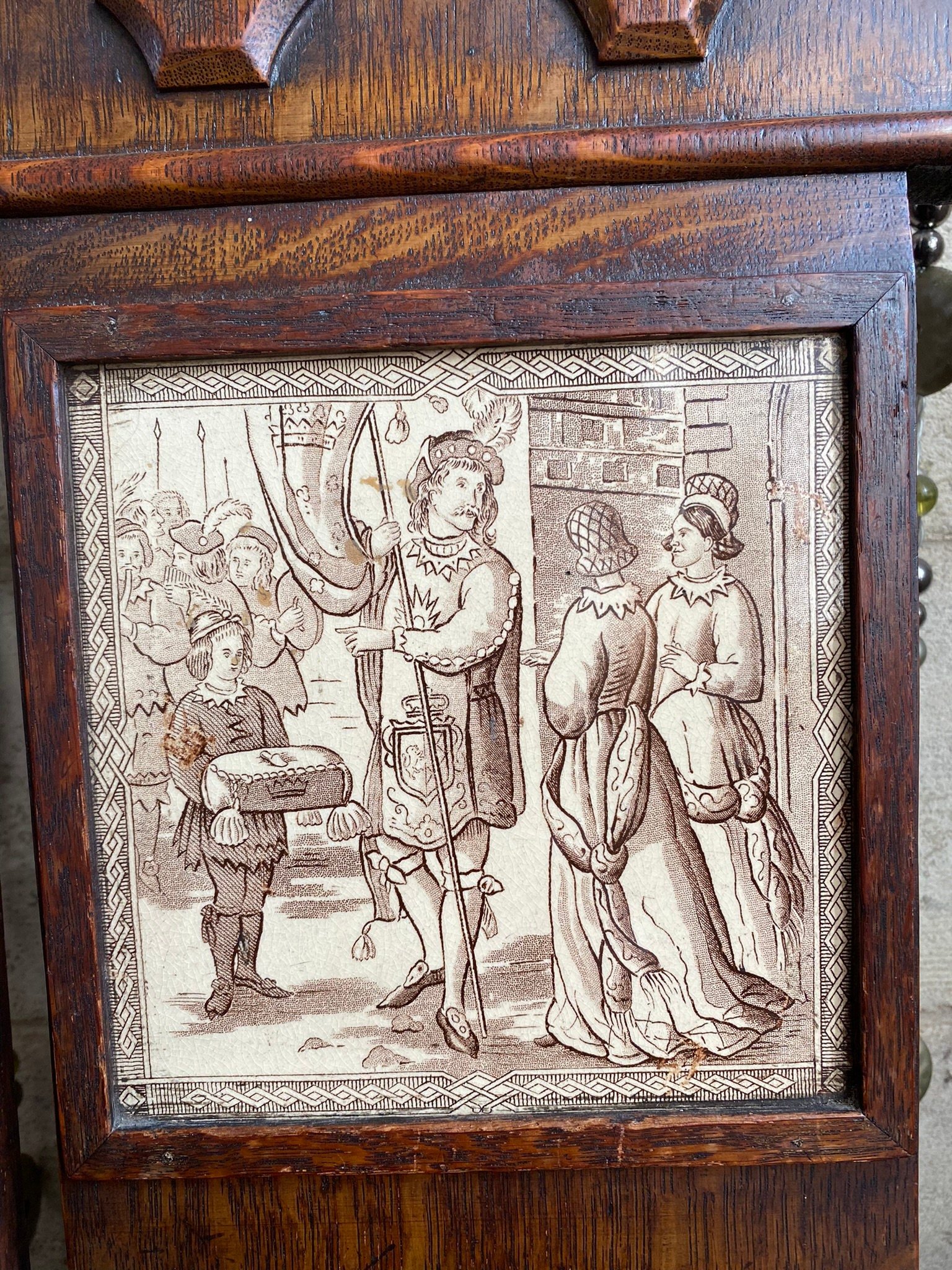 Two antique Victorian Minton tile back occasional hall chairs oak