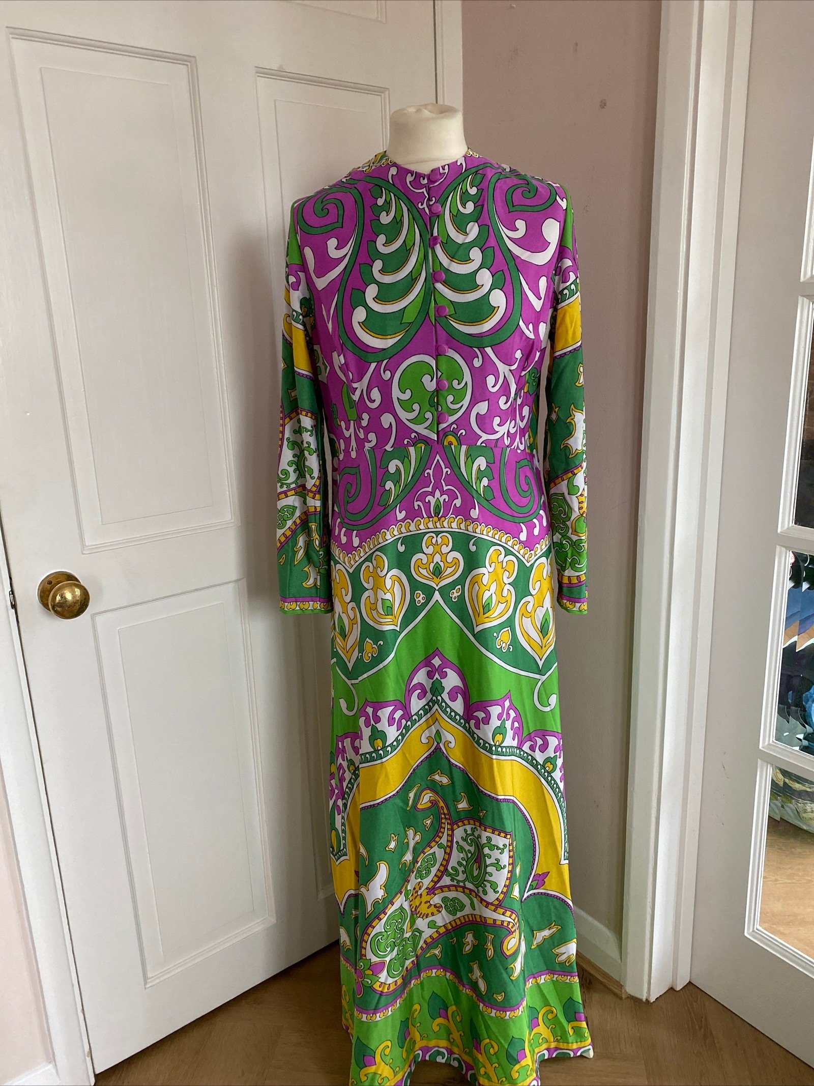 Original 1970s Vintage St Michael Dress Green Purple Size 14 paisley
