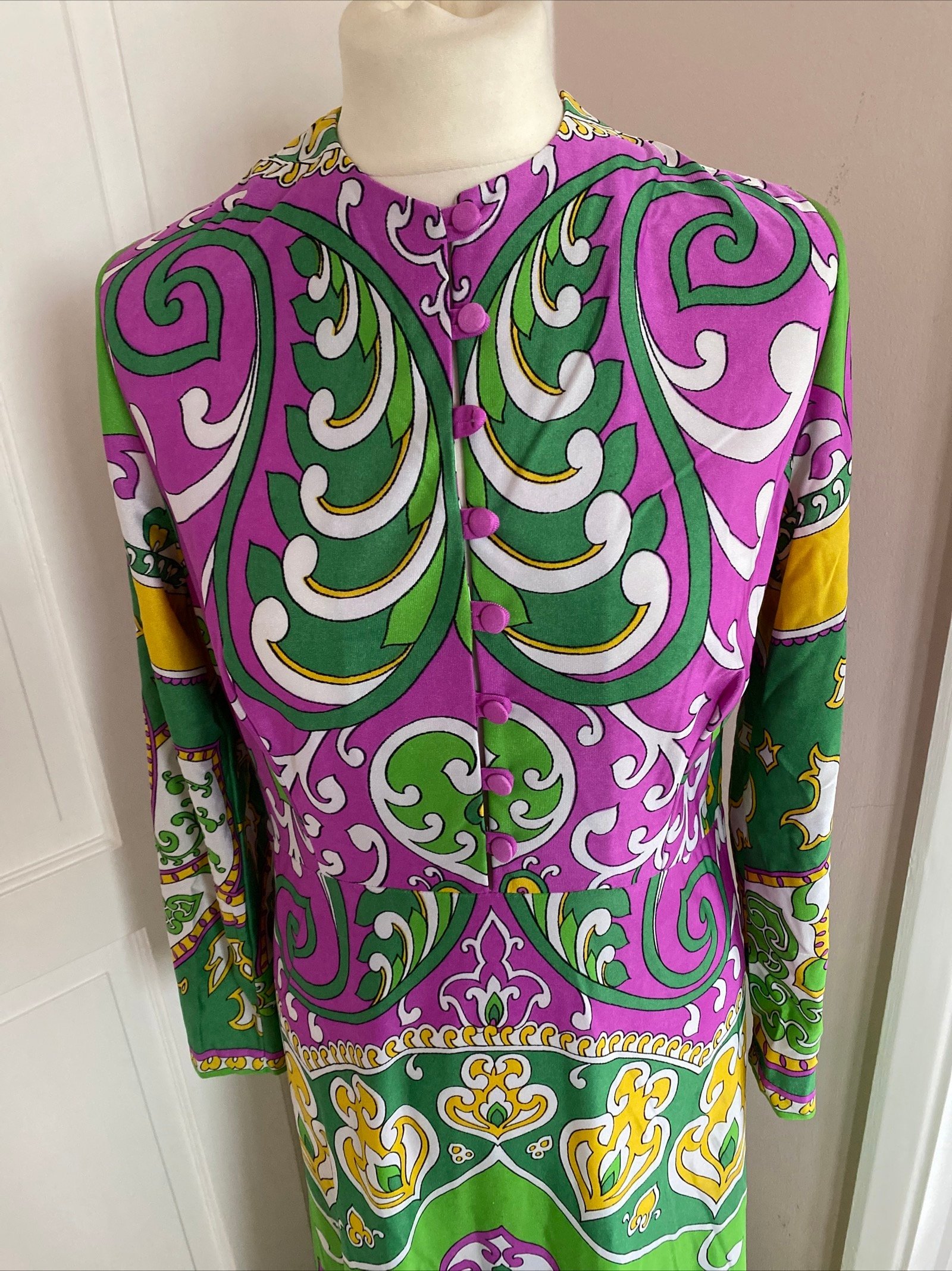 Original 1970s Vintage St Michael Dress Green Purple Size 14 paisley