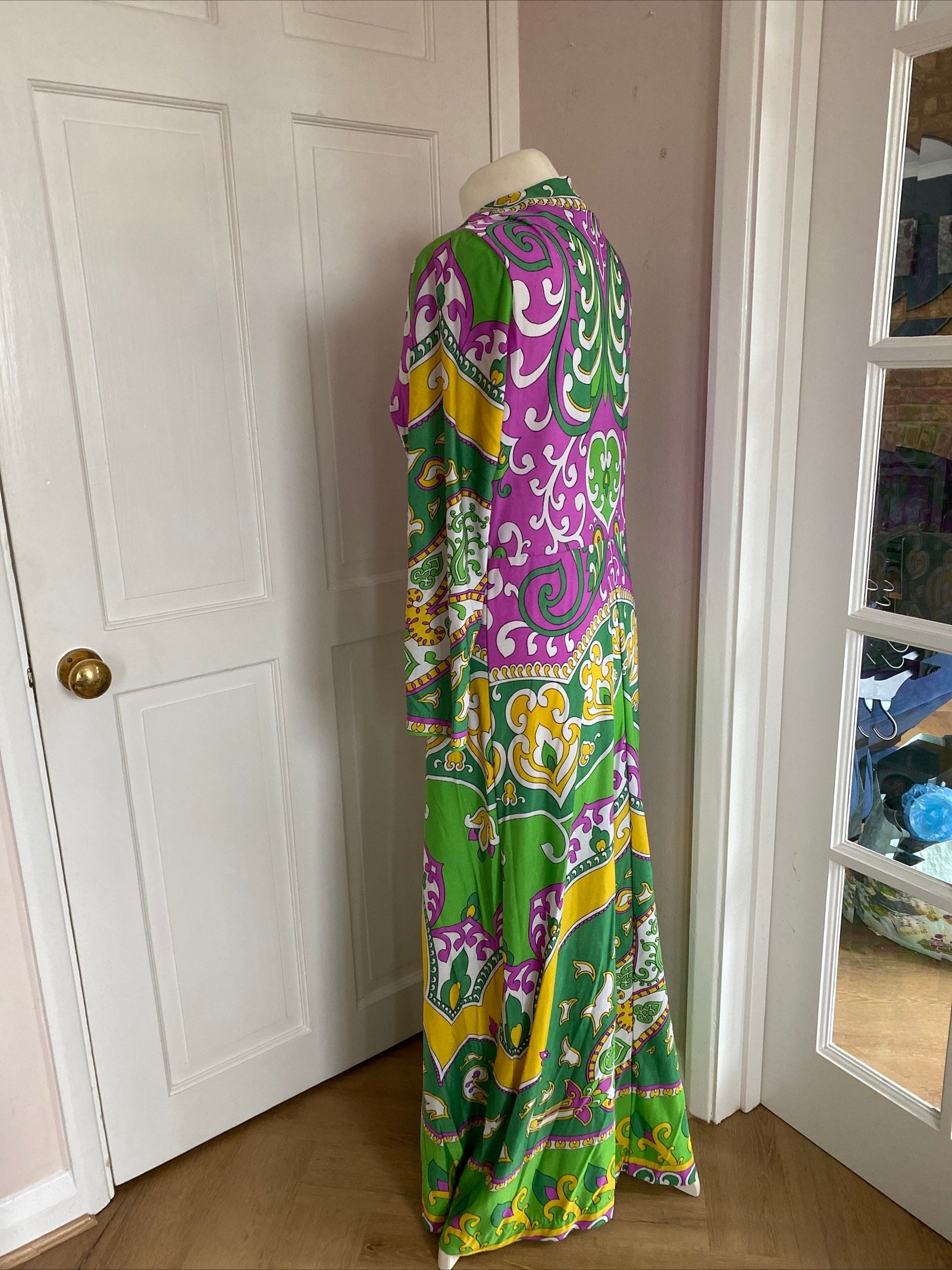 Original 1970s Vintage St Michael Dress Green Purple Size 14 paisley