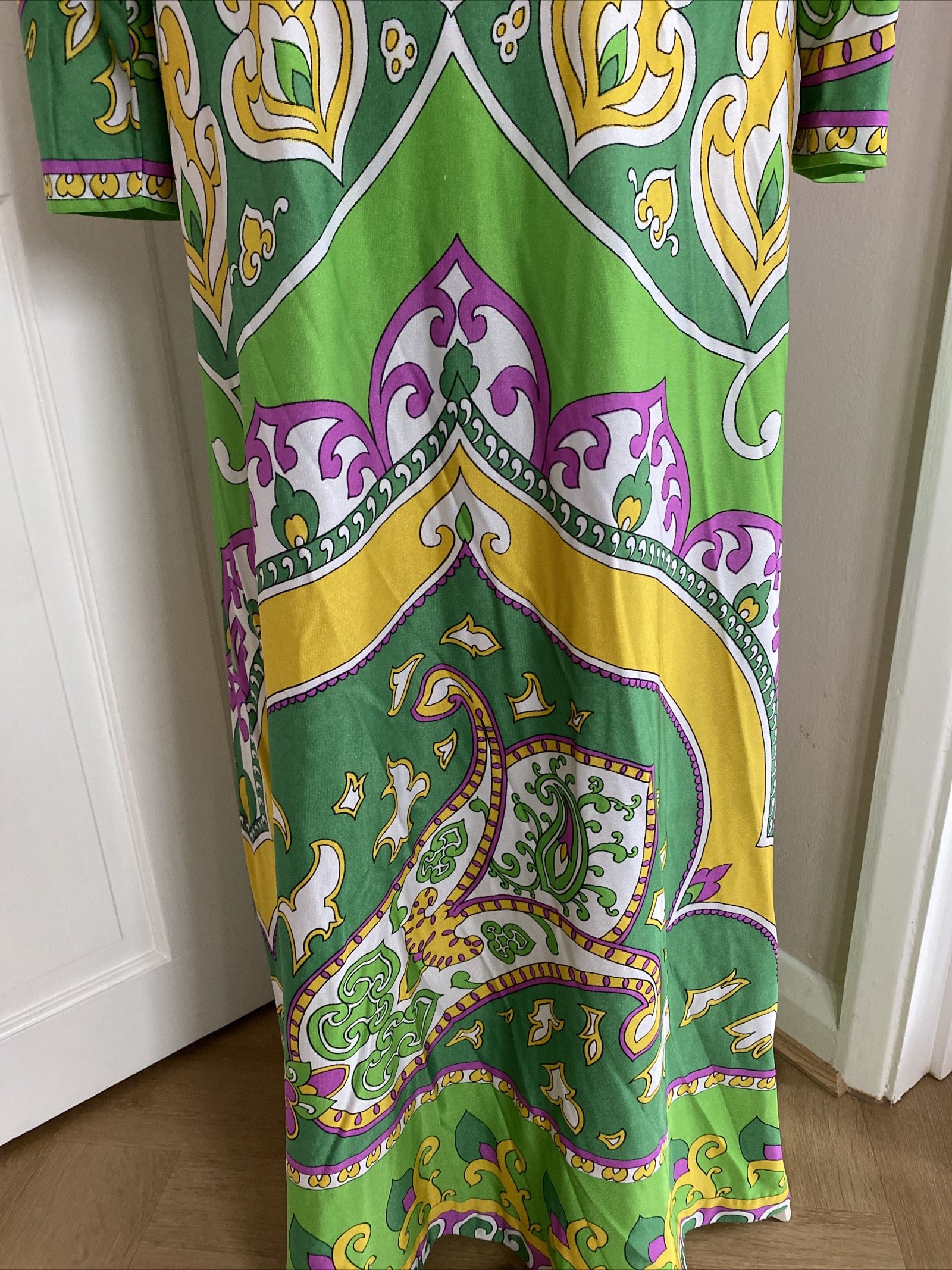 Original 1970s Vintage St Michael Dress Green Purple Size 14 paisley