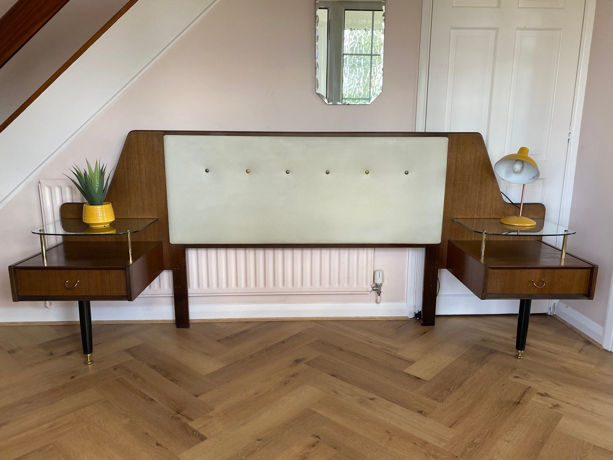 Restored vintage mid century G Plan E Gomme Librenza Tola headboard with floating bedside tables 1950s