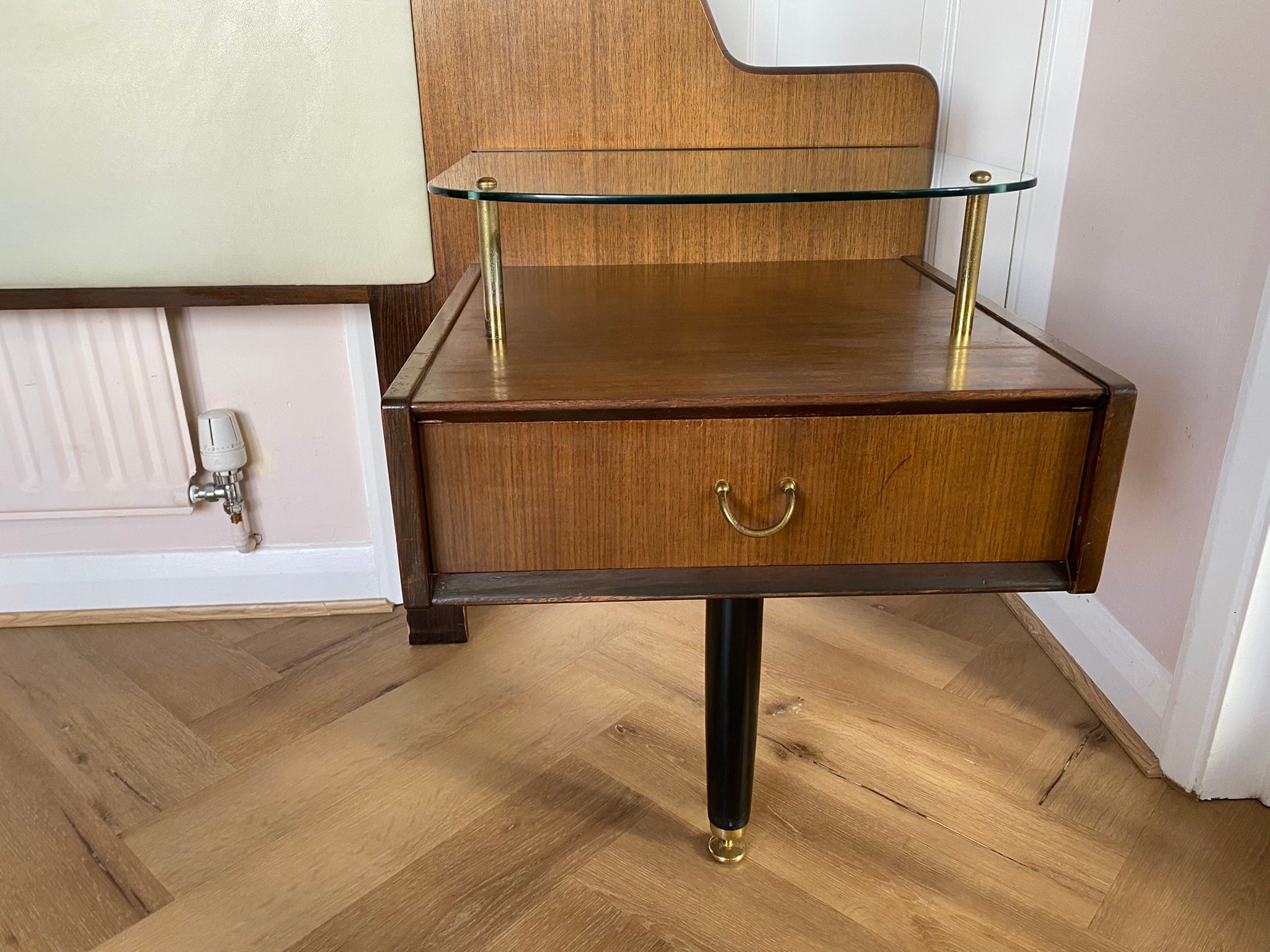 Restored vintage mid century G Plan E Gomme Librenza Tola headboard with floating bedside tables 1950s