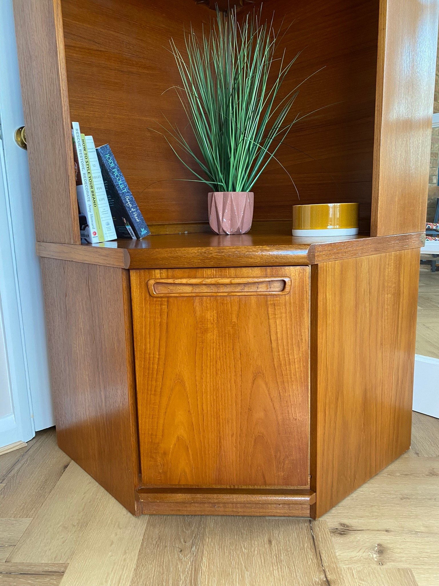 Vintage mid century teak corner wall unit bookcase cupboard cabinet