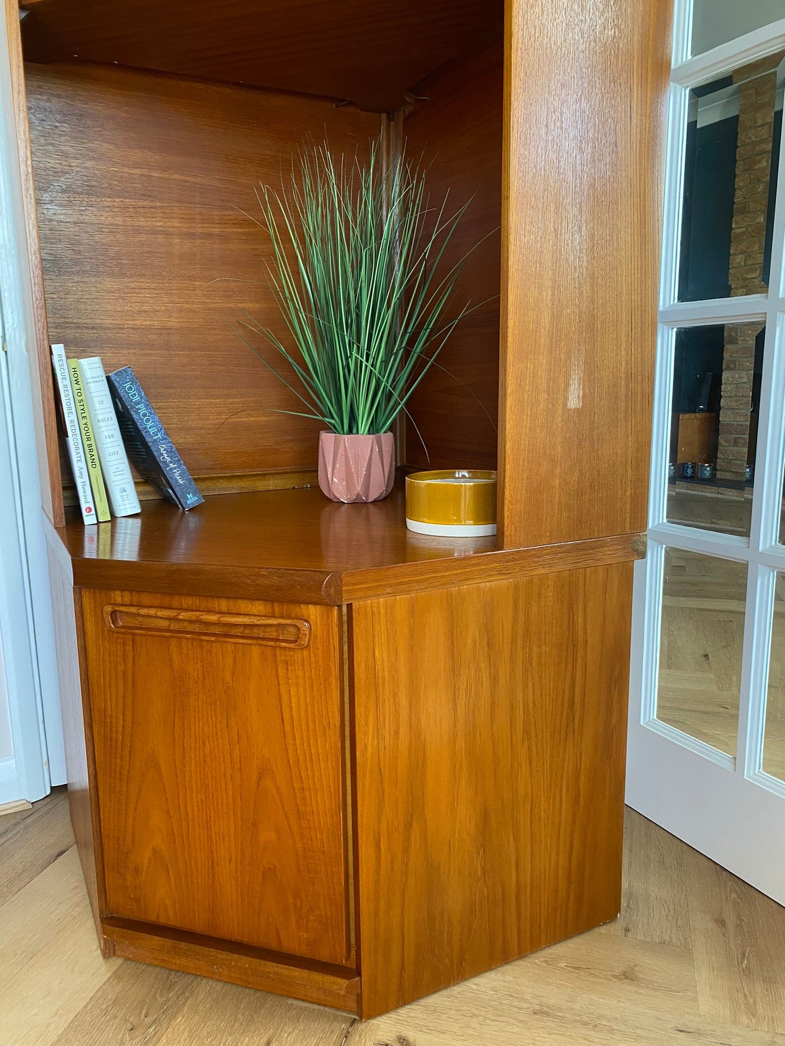 Vintage mid century teak corner wall unit bookcase cupboard cabinet
