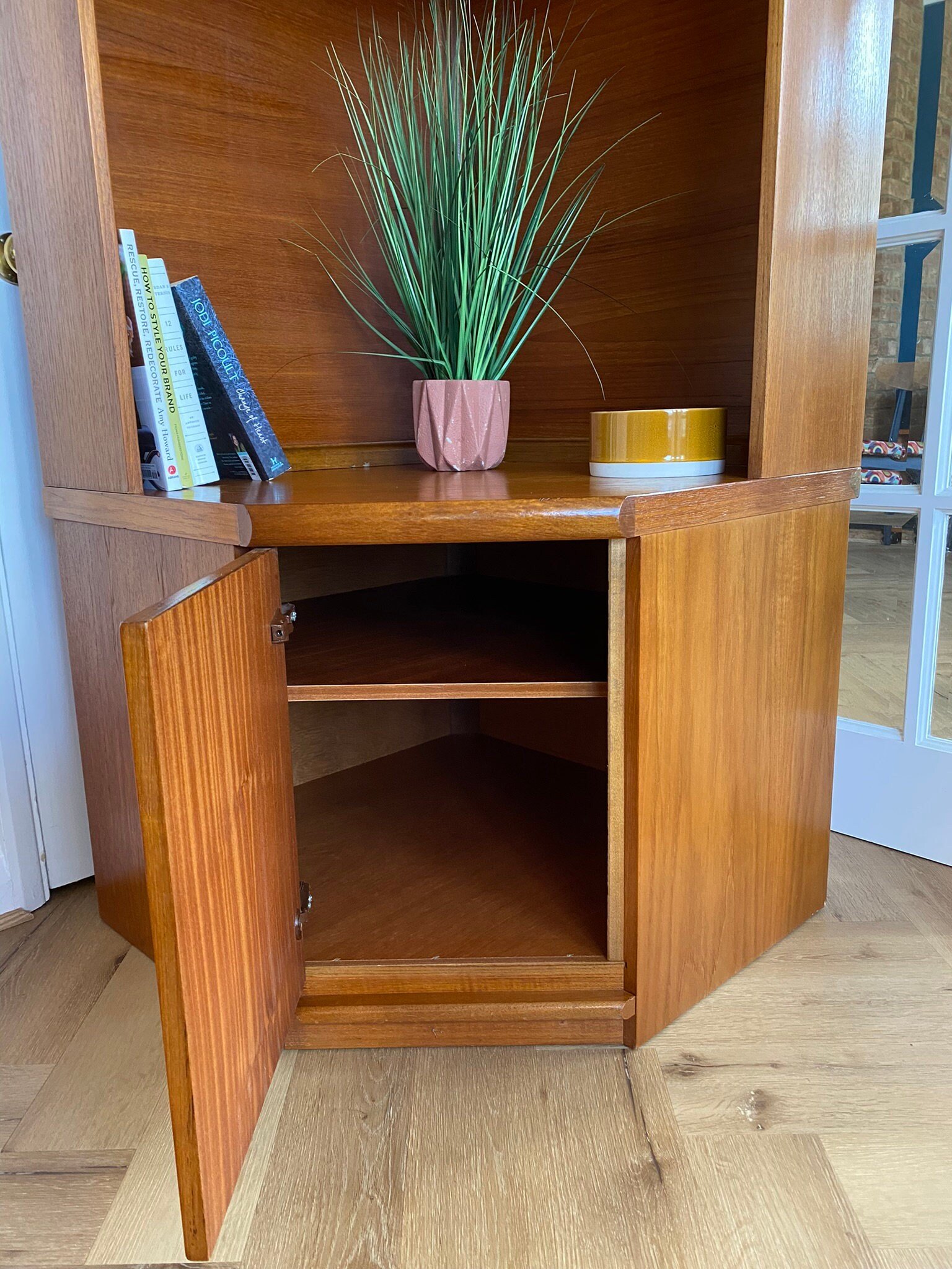 Vintage mid century teak corner wall unit bookcase cupboard cabinet