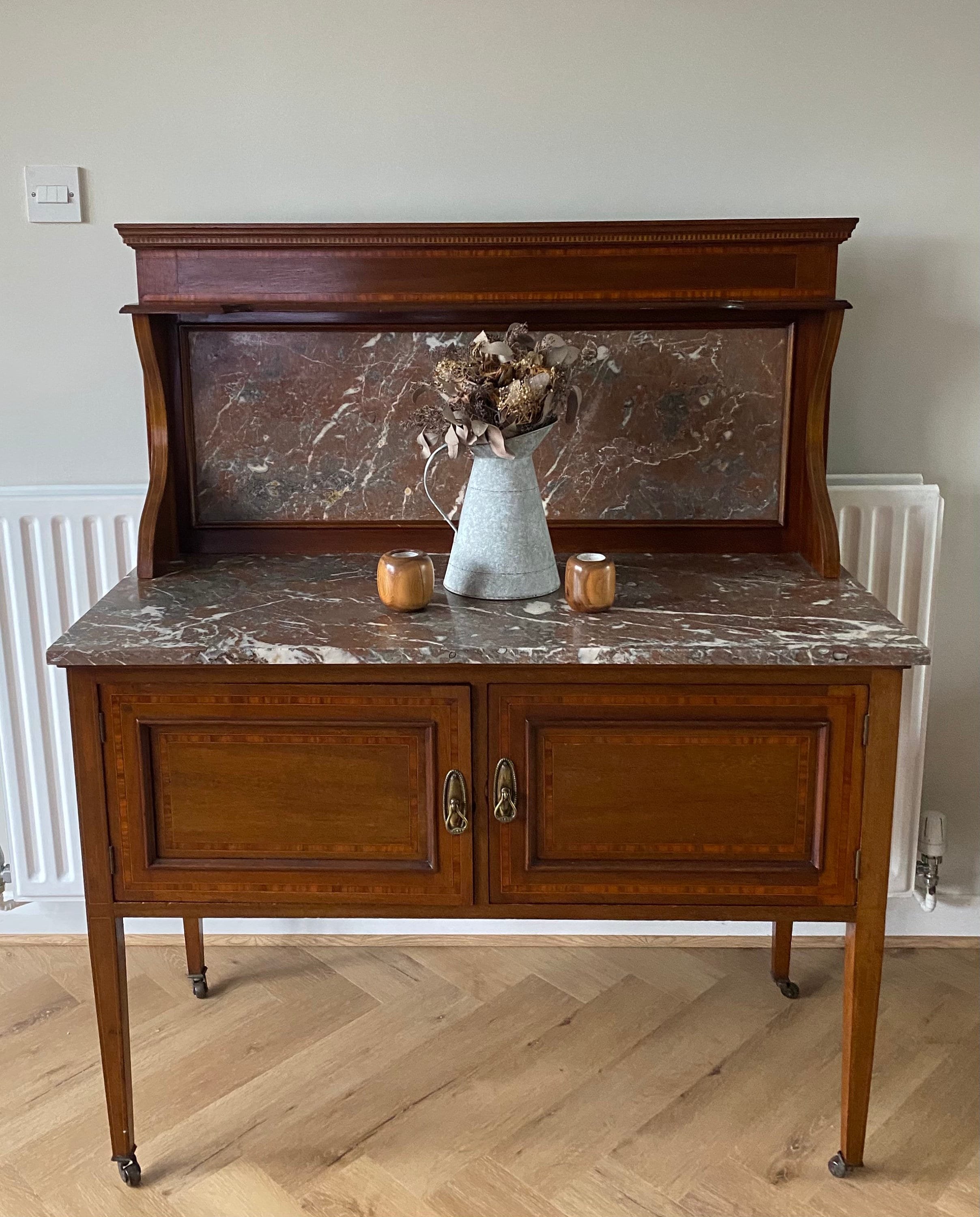 Edwardian mahogany inlaid wash stand red marble top