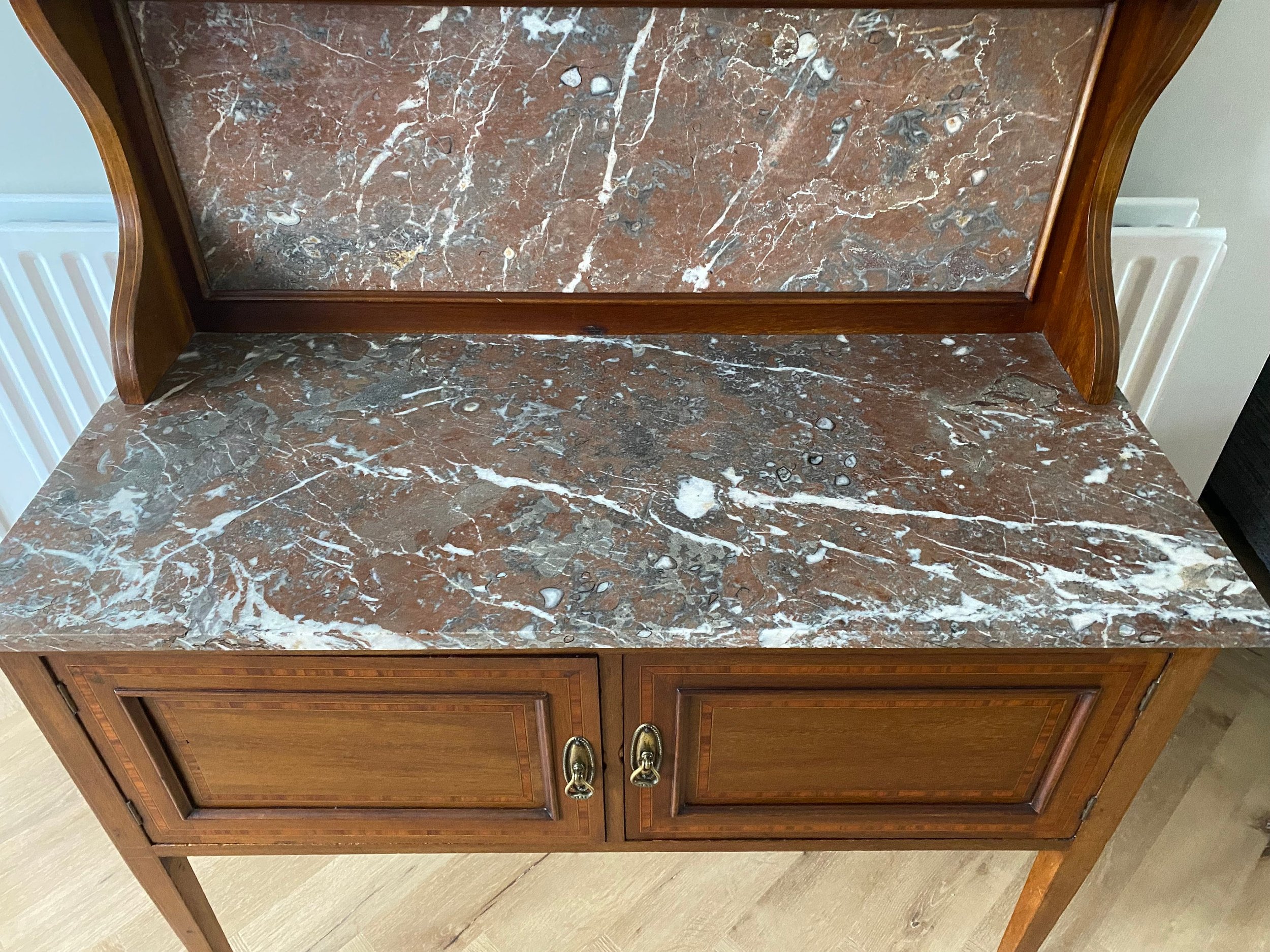Edwardian mahogany inlaid wash stand red marble top