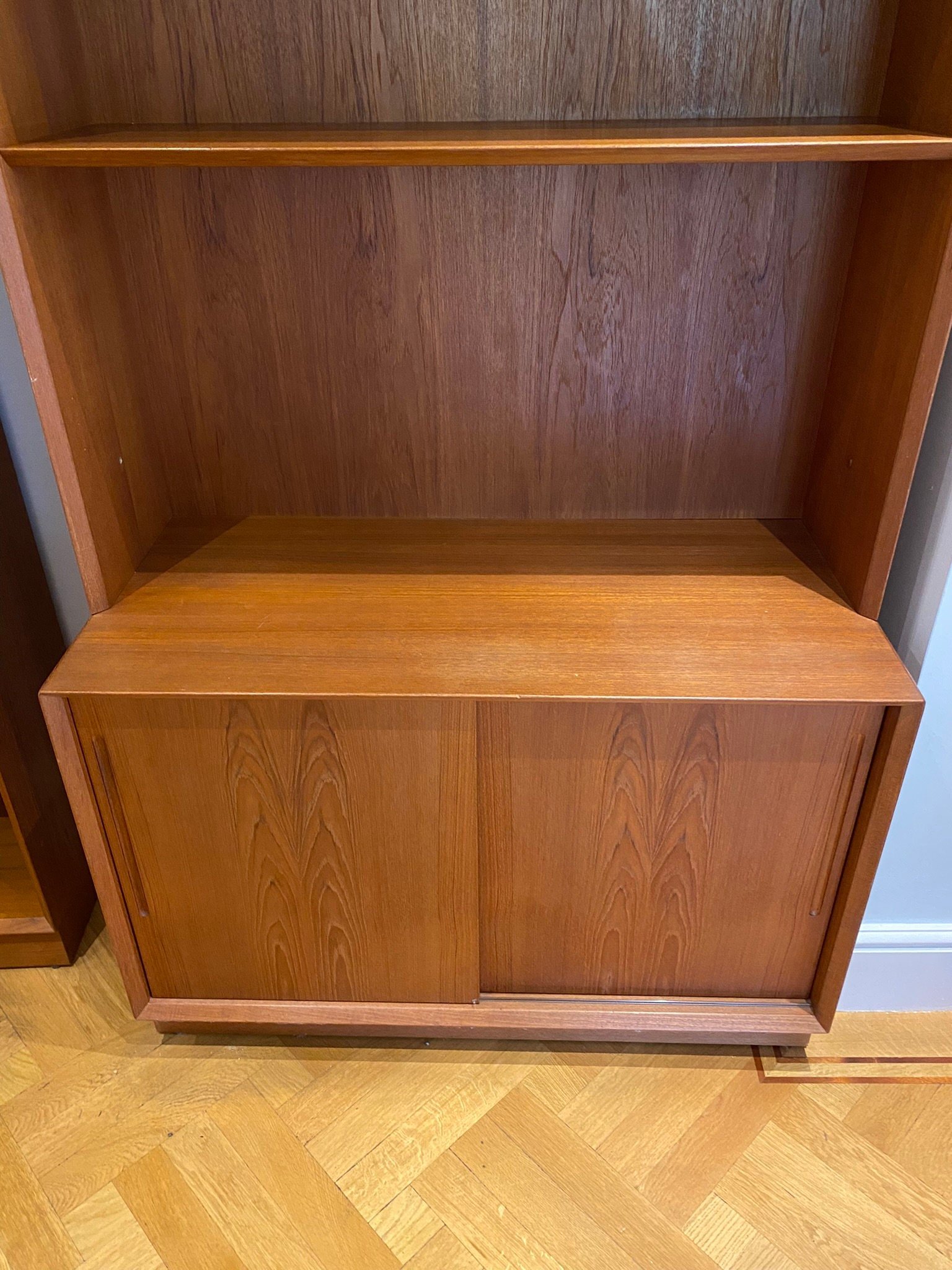 Vintage Mid Century Danish Teak Bookcase Sliding Doors