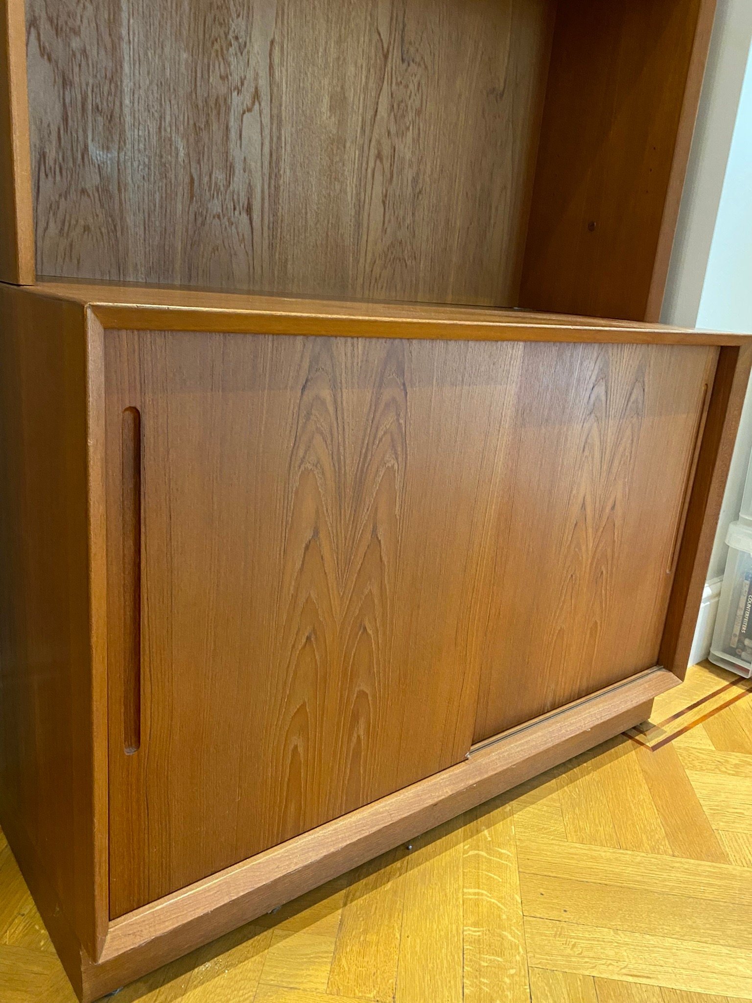 Vintage Mid Century Danish Teak Bookcase Sliding Doors