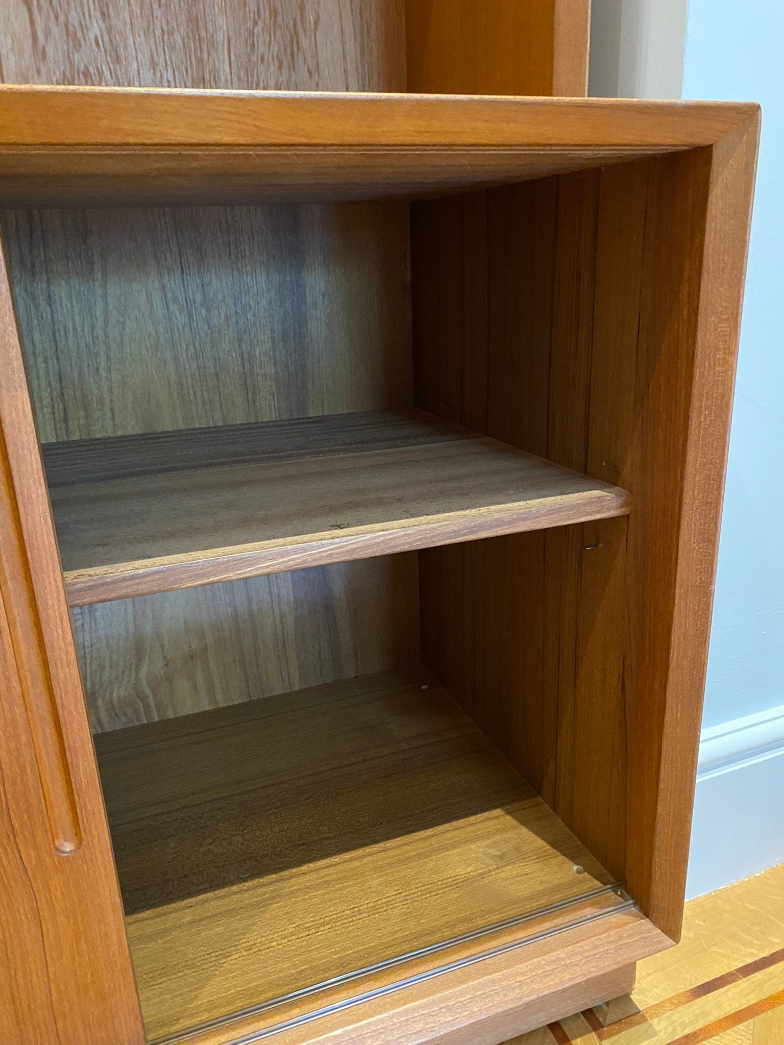 Vintage Mid Century Danish Teak Bookcase Sliding Doors