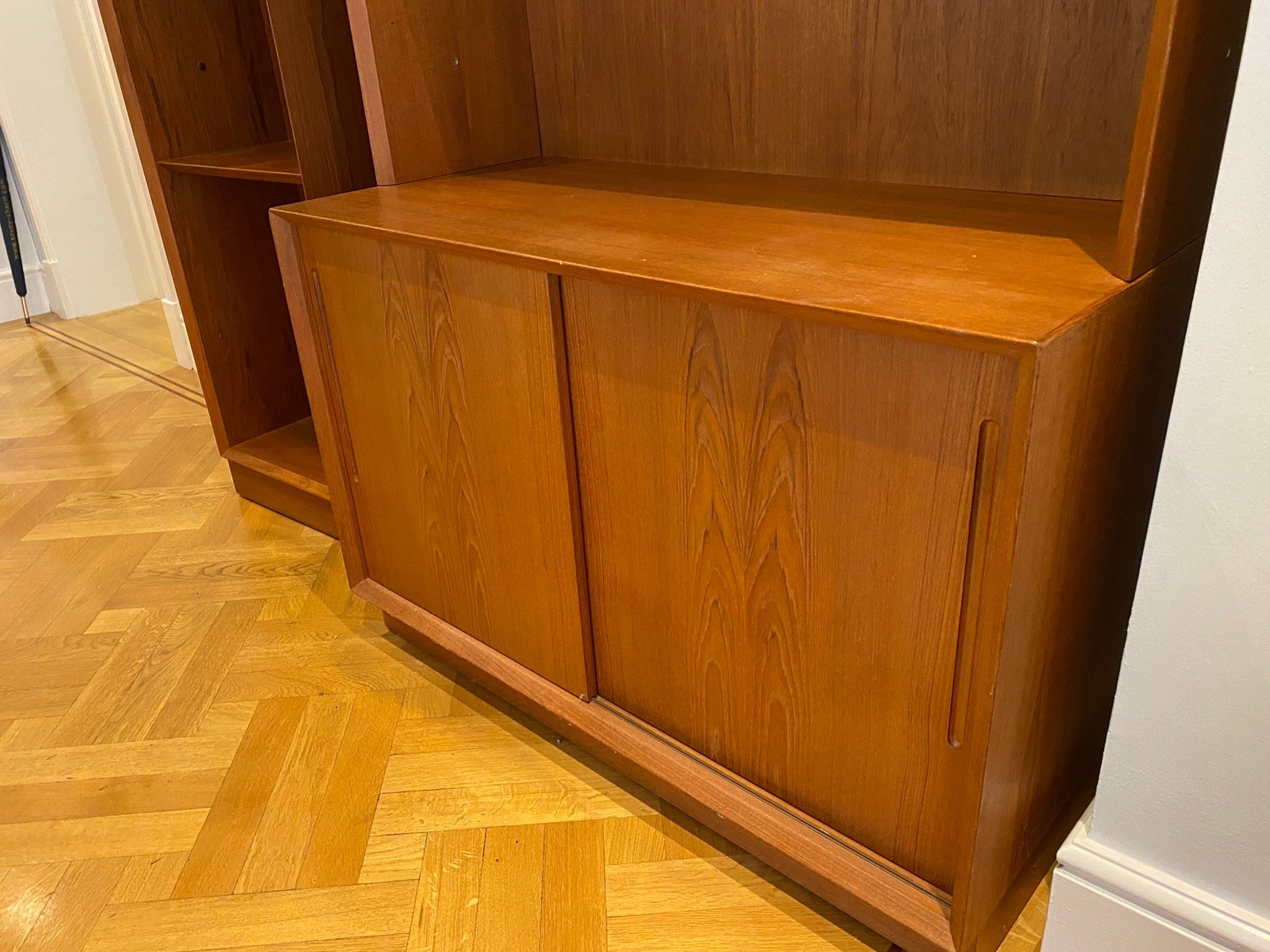 Vintage Mid Century Danish Teak Bookcase Sliding Doors