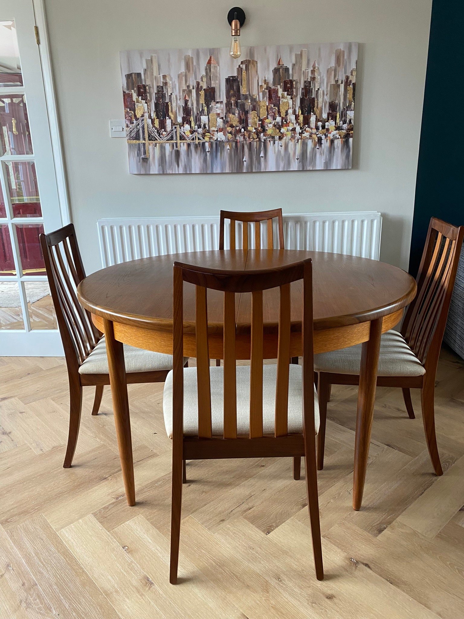 Mid century G Plan Fresco teak extending dining table and four Victor Wilkins G Plan chairs cream velour fabric