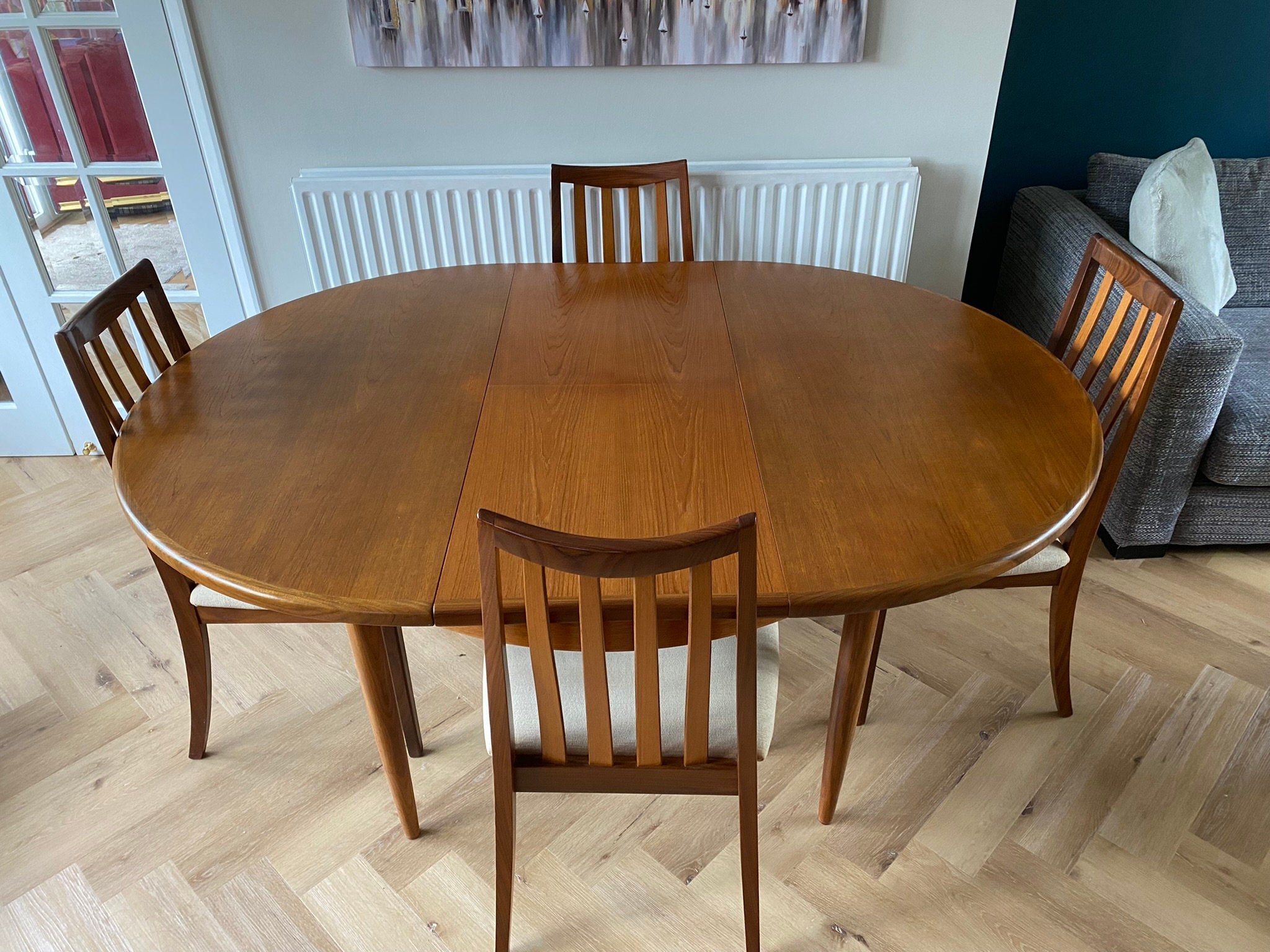 Mid century G Plan Fresco teak extending dining table and four Victor Wilkins G Plan chairs cream velour fabric