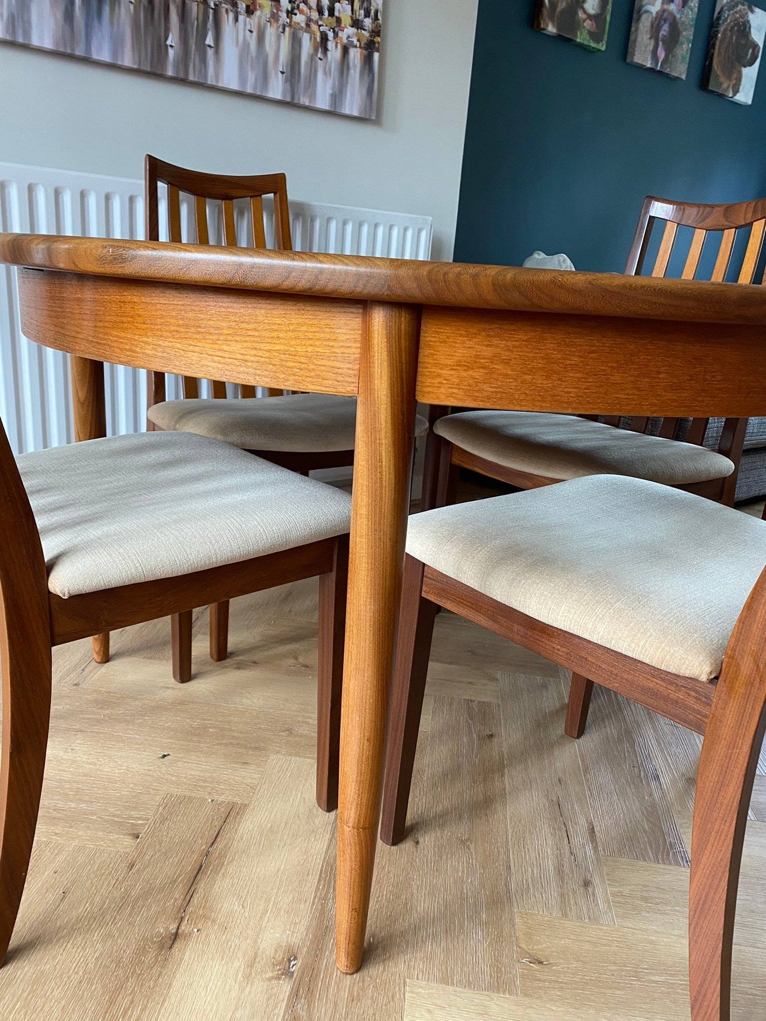 Mid century G Plan Fresco teak extending dining table and four Victor Wilkins G Plan chairs cream velour fabric
