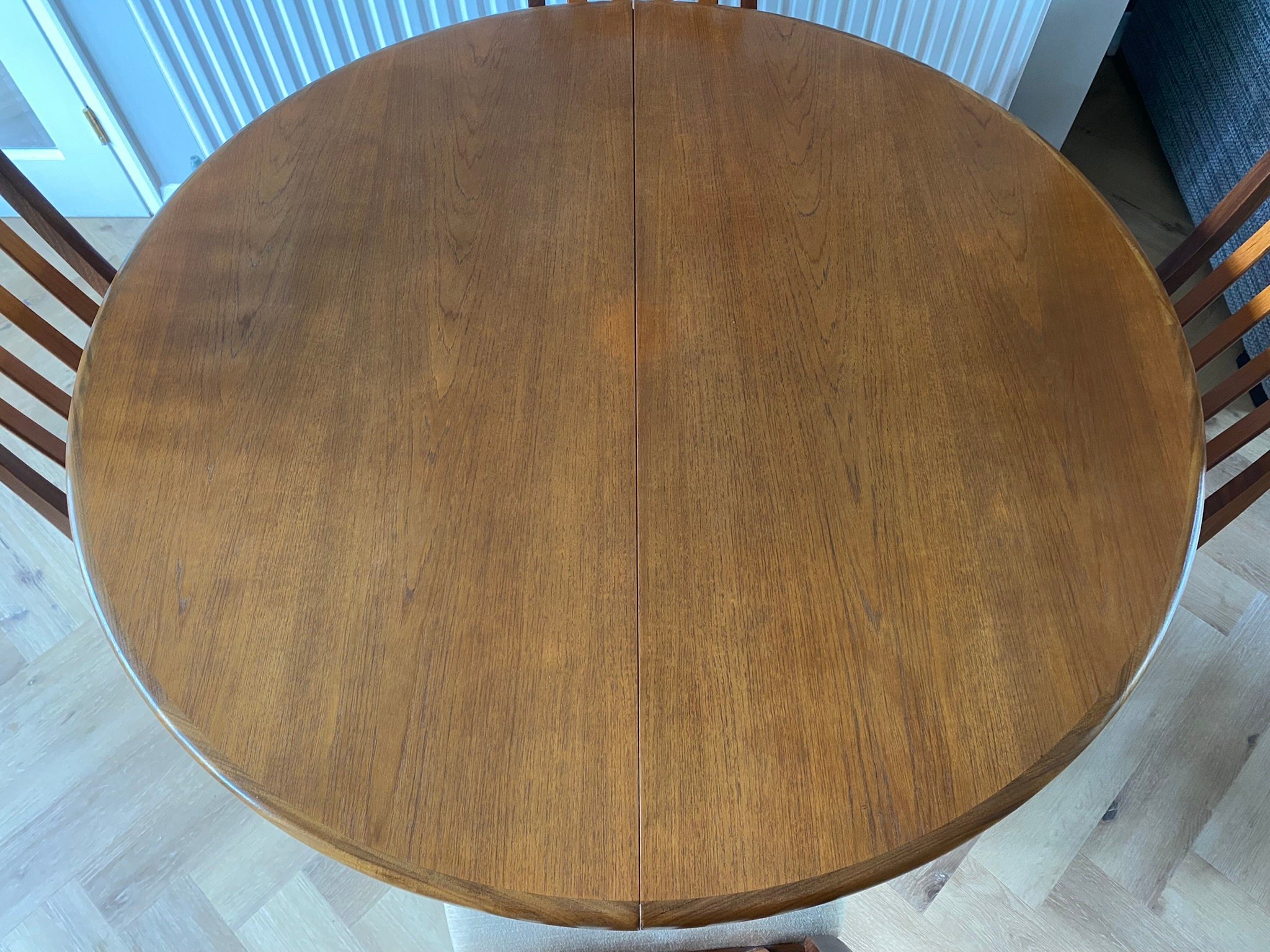Mid century G Plan Fresco teak extending dining table and four Victor Wilkins G Plan chairs cream velour fabric