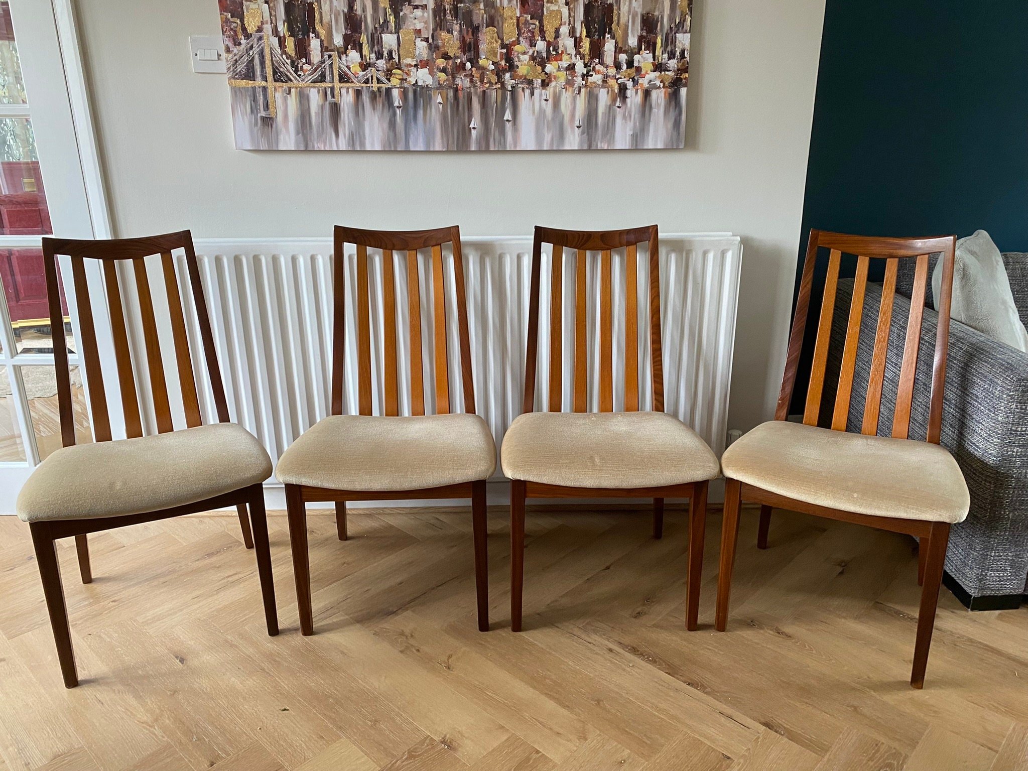 Mid century G Plan Fresco teak extending dining table and four Victor Wilkins G Plan chairs cream velour fabric