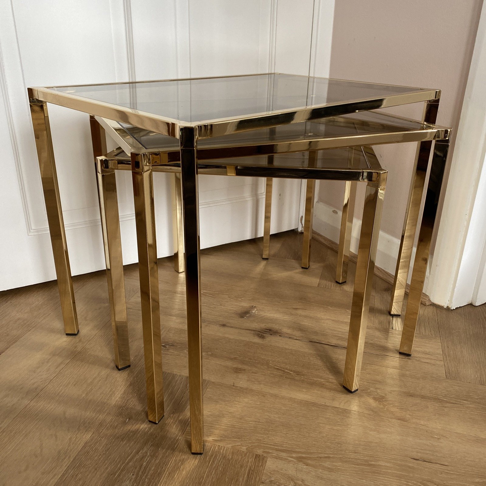 Kesterport For Harrods Vintage 1980s Brass Smoked Glass Nest Of Tables