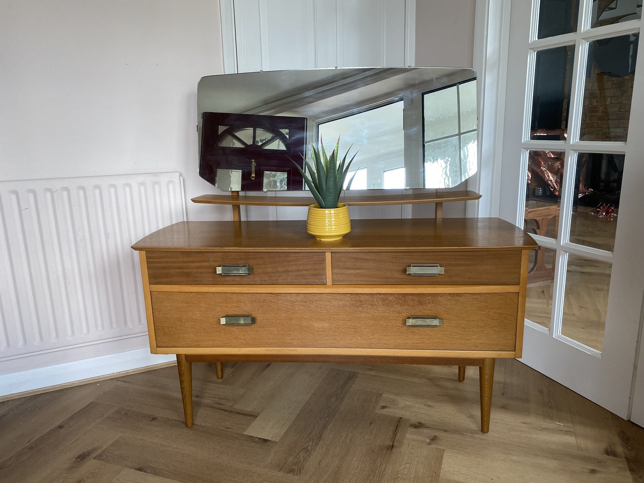 Mid century teak dressing table with metal handles tilting mirror