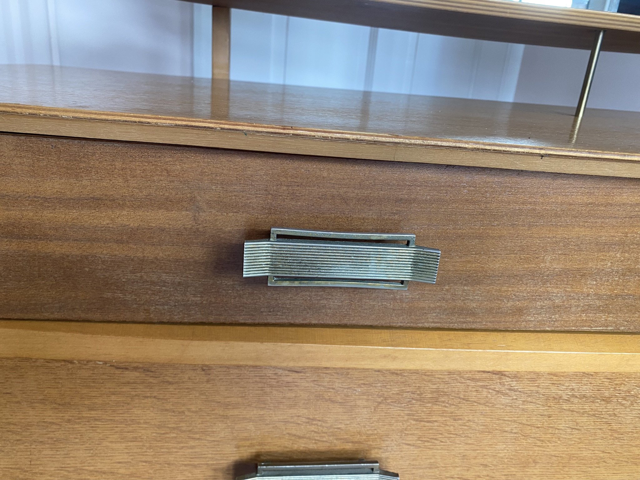 Mid century teak dressing table with metal handles tilting mirror