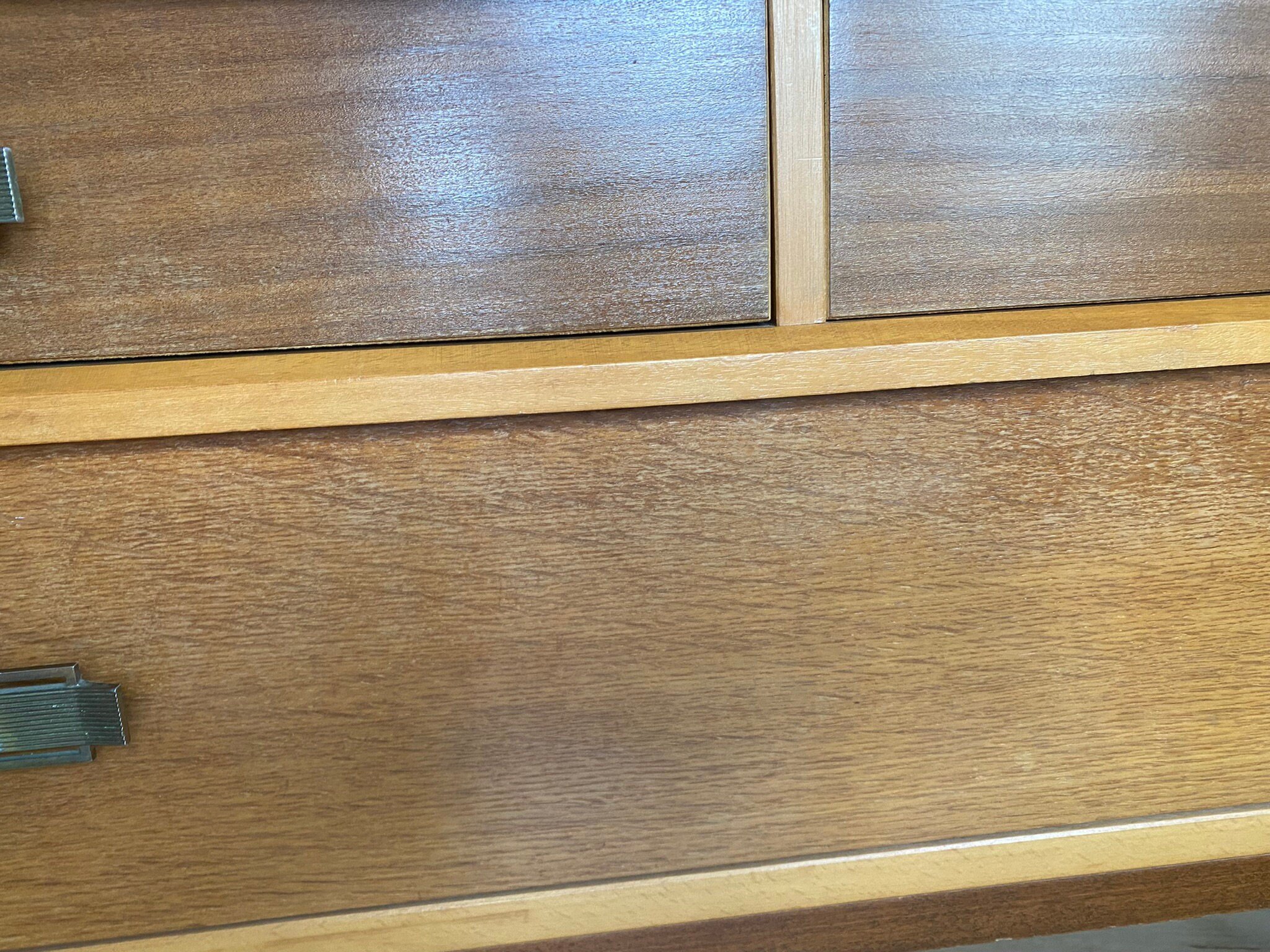 Mid century teak dressing table with metal handles tilting mirror