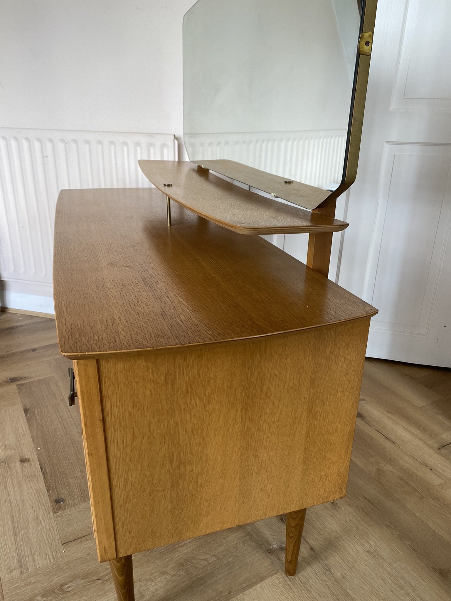 Mid century teak dressing table with metal handles tilting mirror