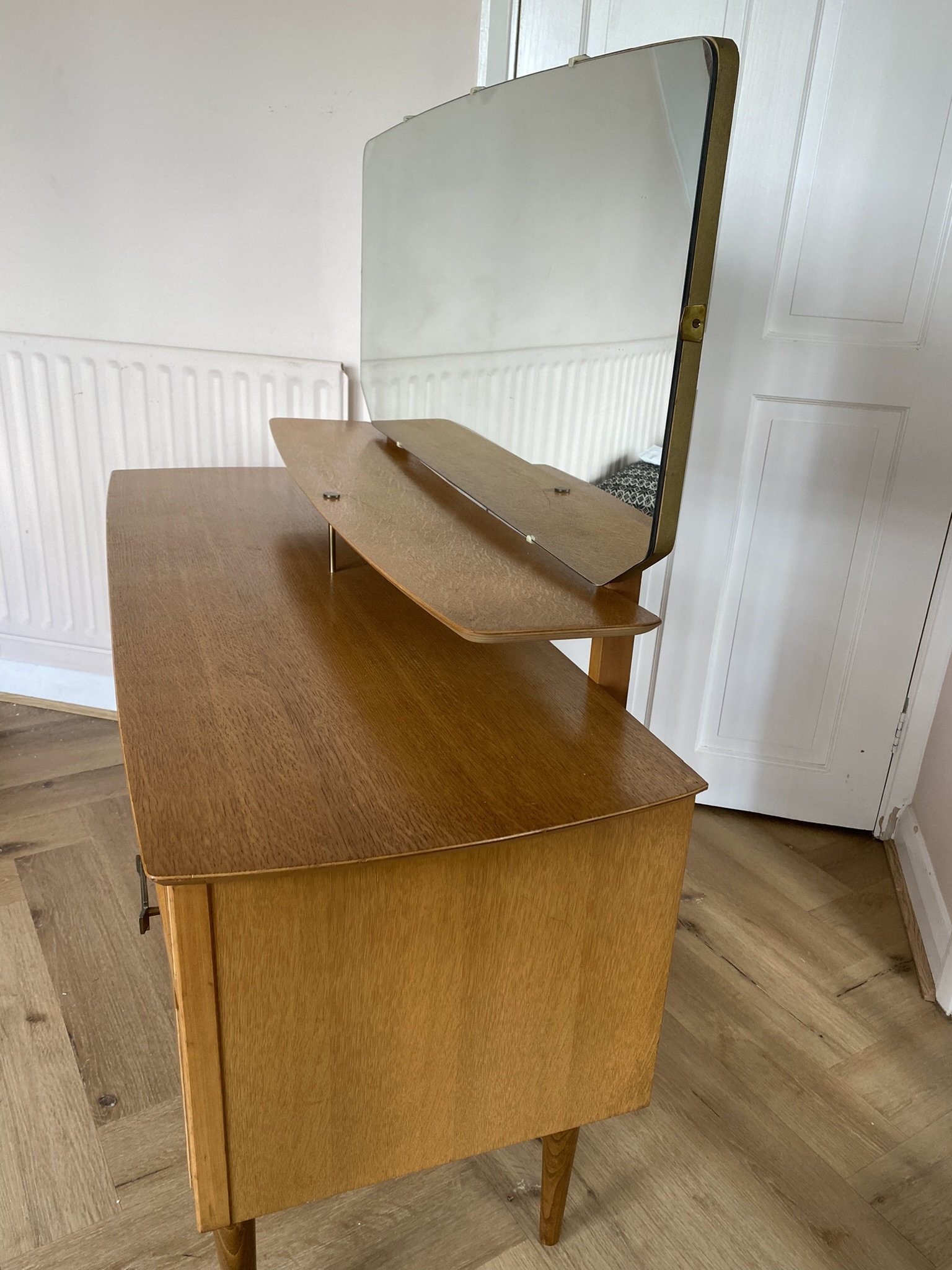 Mid century teak dressing table with metal handles tilting mirror