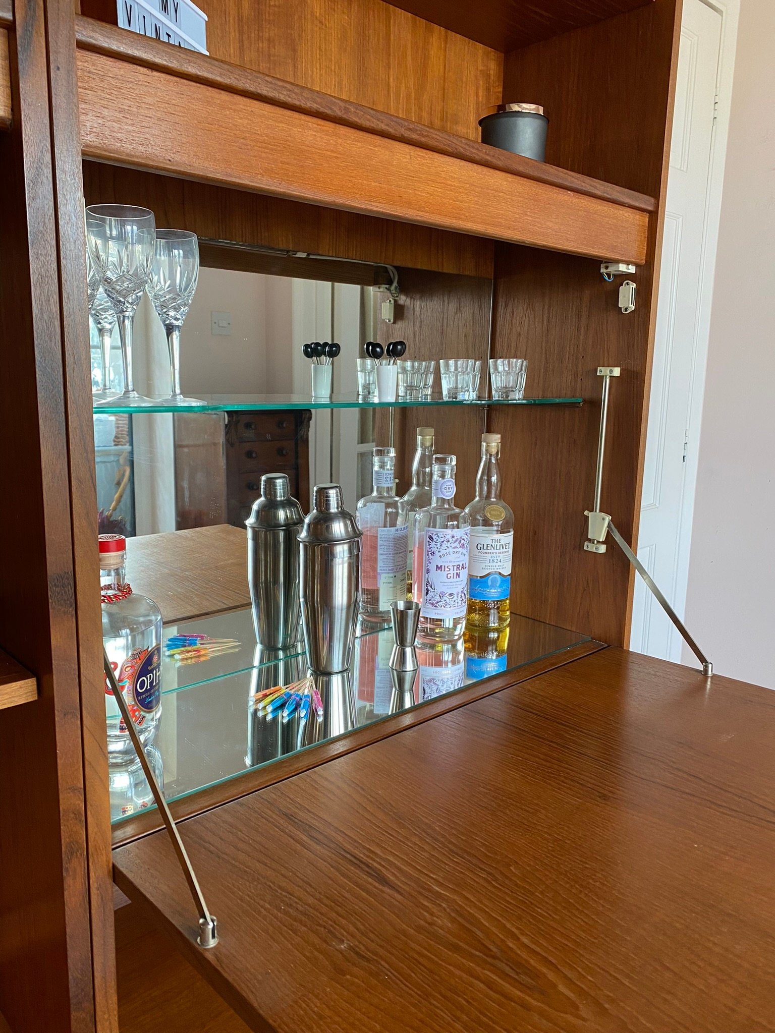 Mid century teak G Plan Fresco double wall display cocktail cabinet
