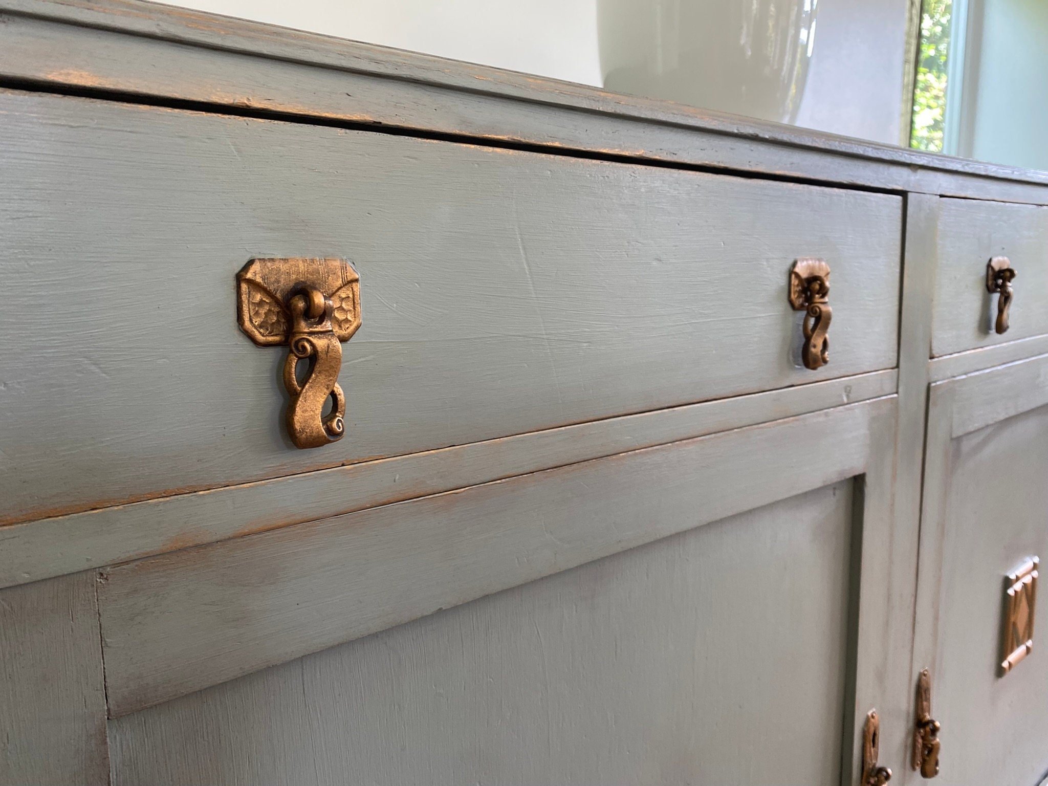 Refurbished antique sideboard, painted green grey, bronze detail